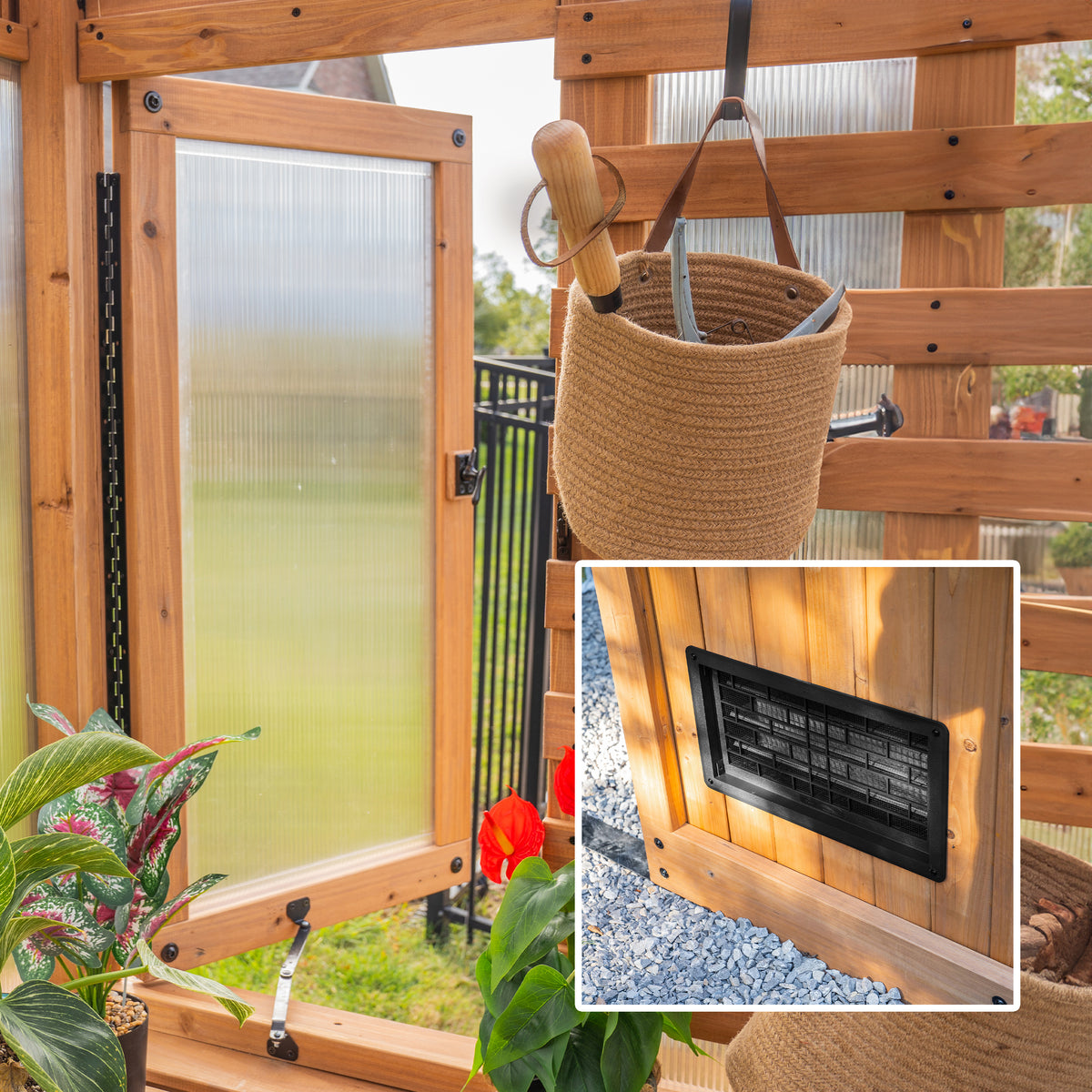 4-wall polycarbonate greenhouse interior showing an open window, hanging basket, plants, and a lower intake vent.