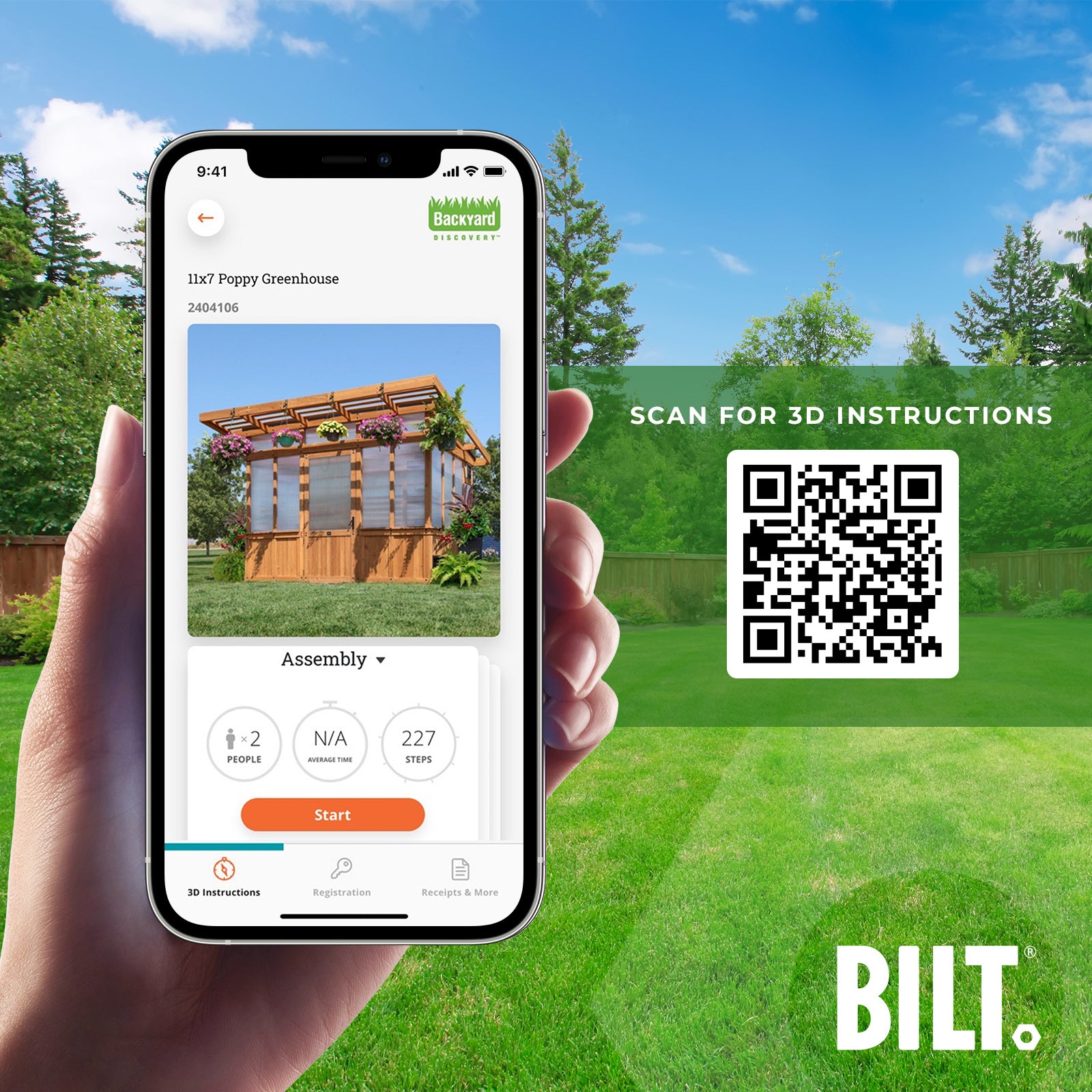 BILT assembly for the Poppy outdoor greenhouse with 3D interactive step-by-step instructions on a smartphone.