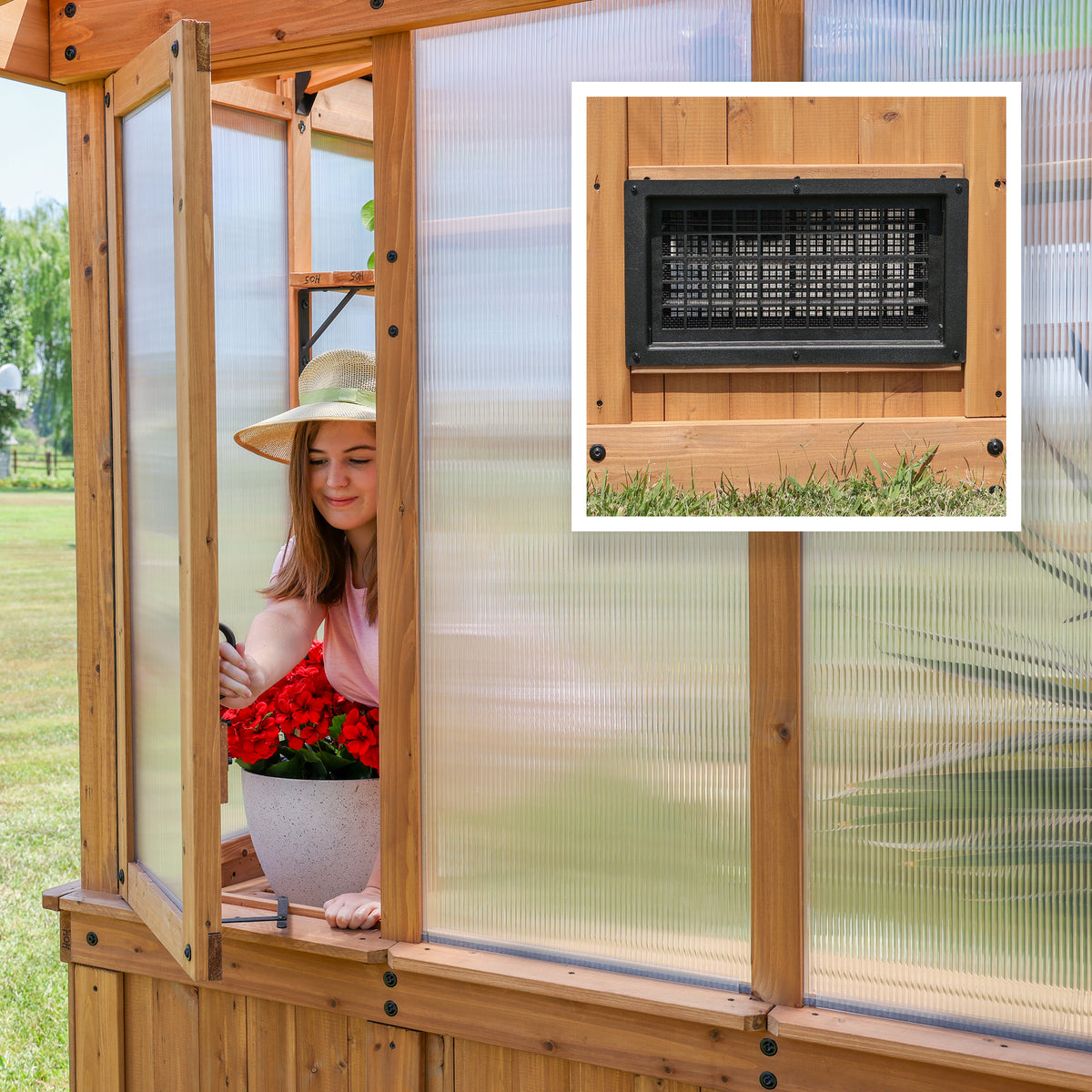 Woman gardening inside a cedar greenhouse shed with 4-wall polycarbonate panels and a lower intake vent.