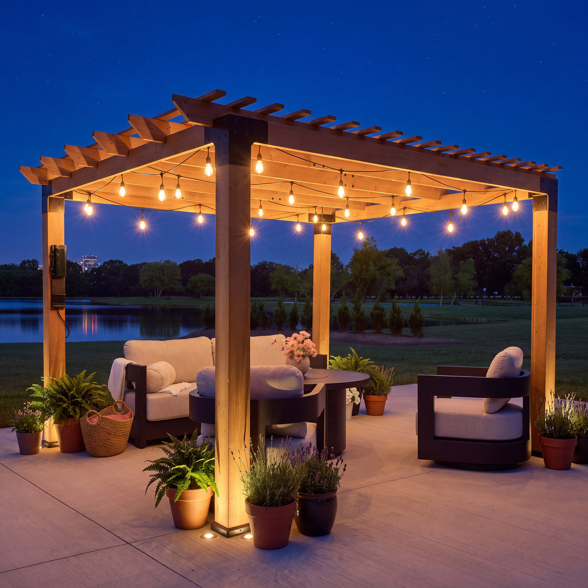 String lights and open cedar slats casting warm evening glow across a furnished outdoor pergola patio.