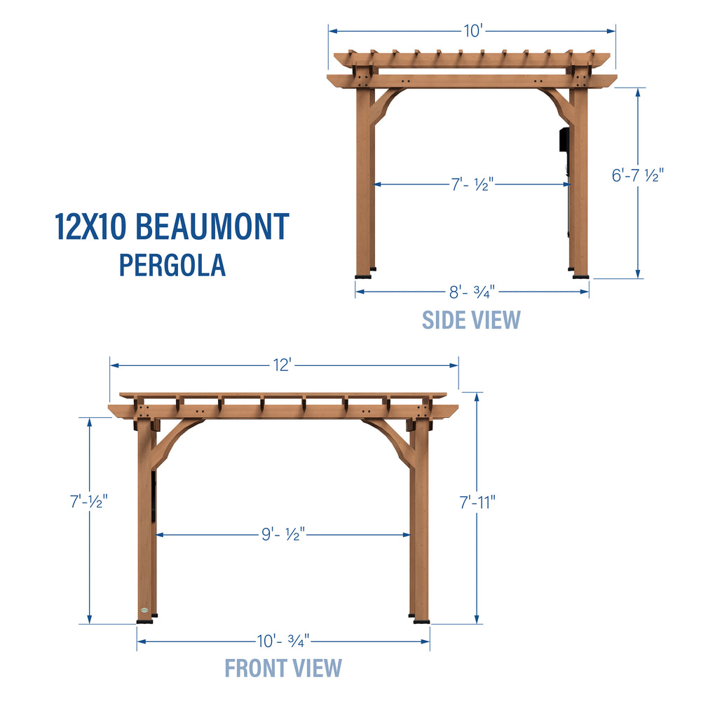 Side and front view technical diagrams of 12x10 Beaumont pergola with labeled dimensions and wood construction details