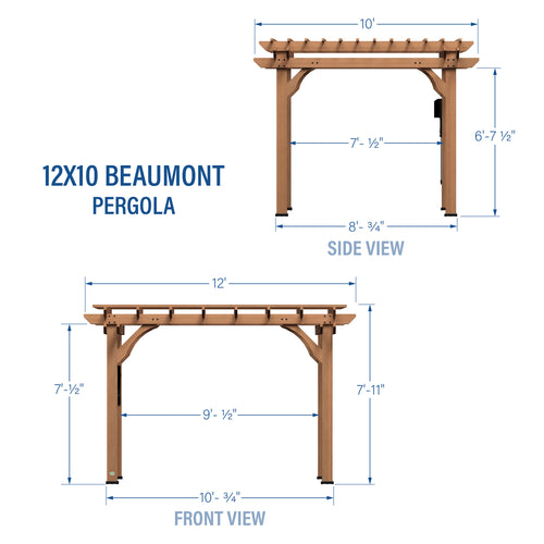 Side and front view technical diagrams of 12x10 Beaumont pergola with labeled dimensions and wood construction details