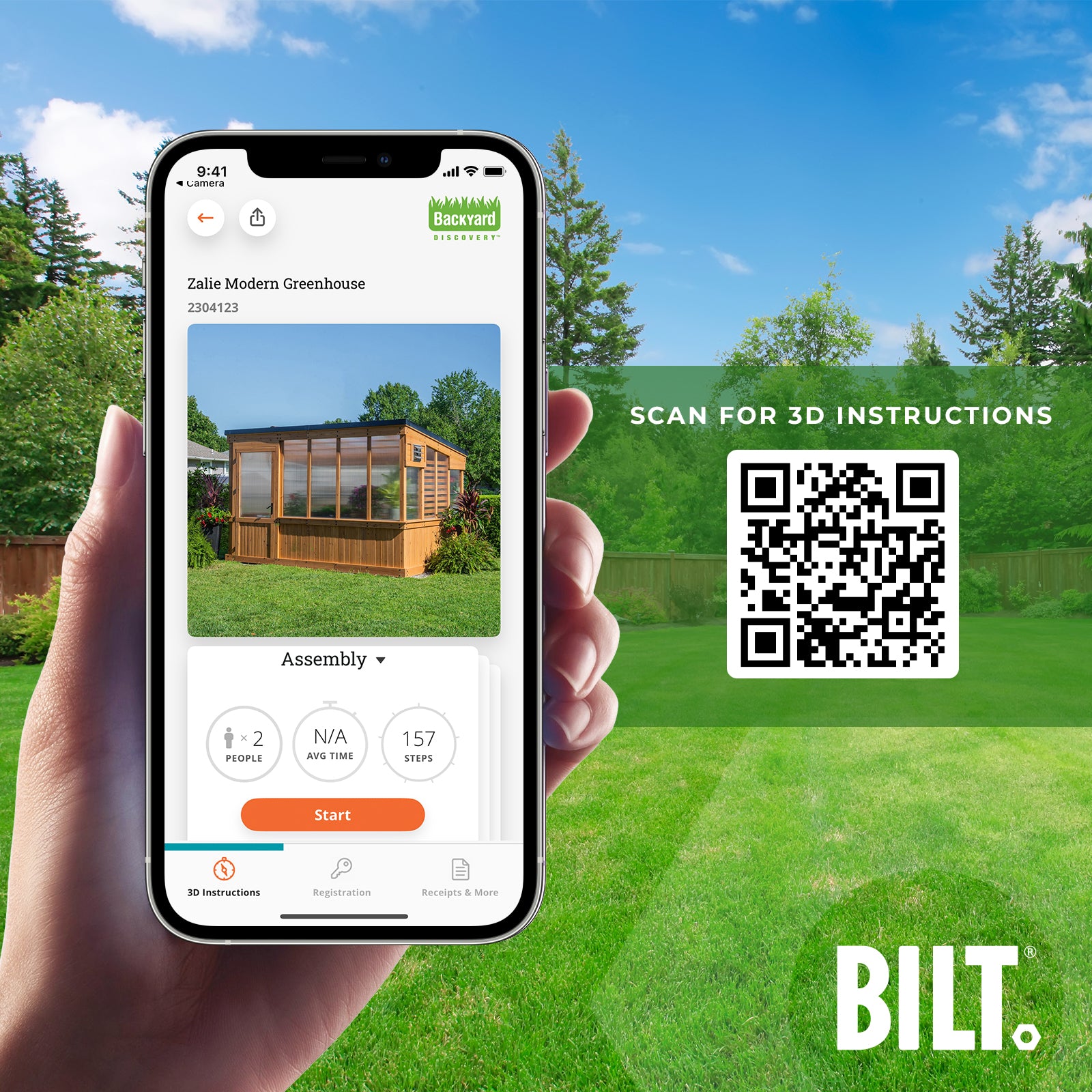 BILT app 3D assembly instructions for the Zalie greenhouse, shown on a smartphone.