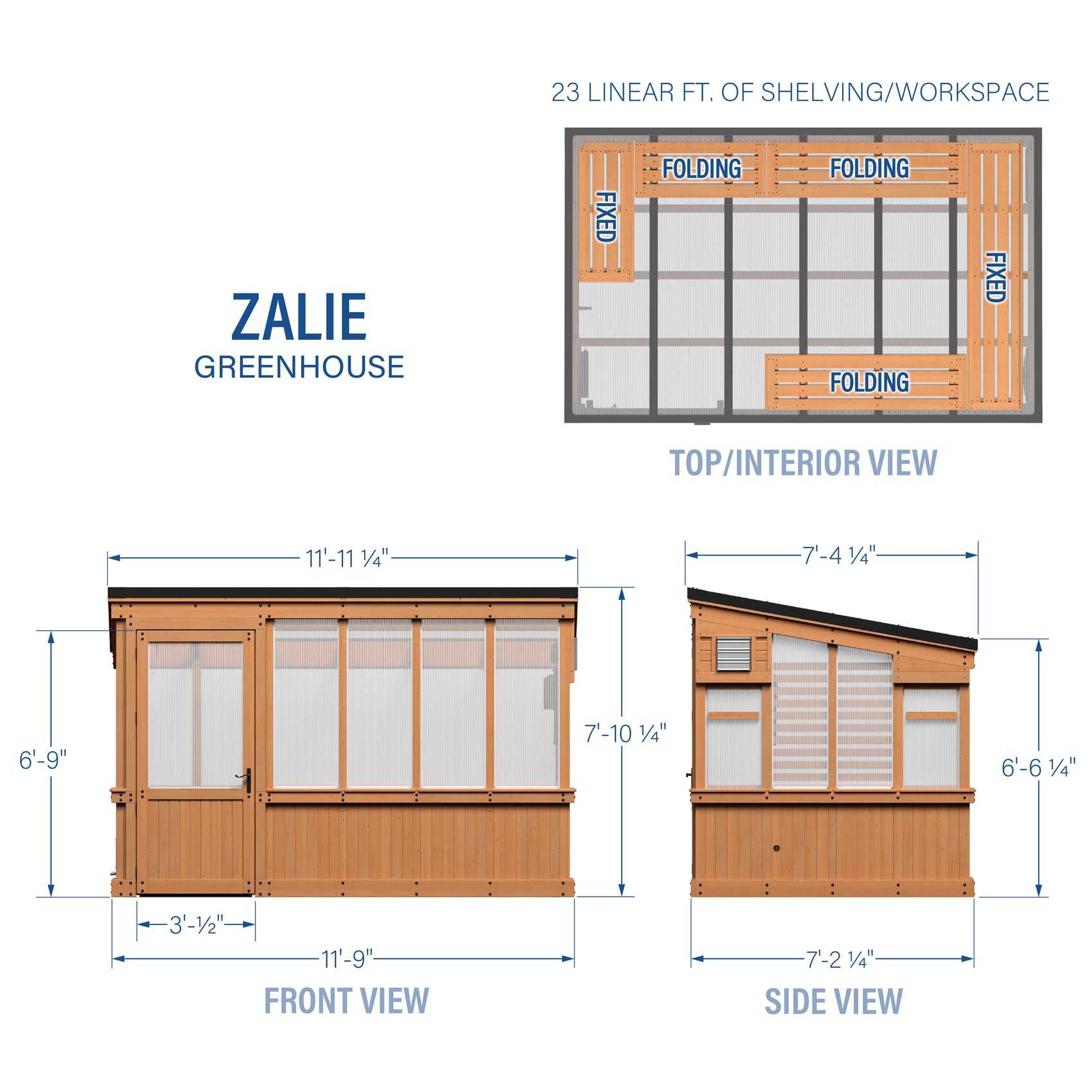 Dimensional drawings of the 12x7 Zalie greenhouse with front, side, and top interior views.