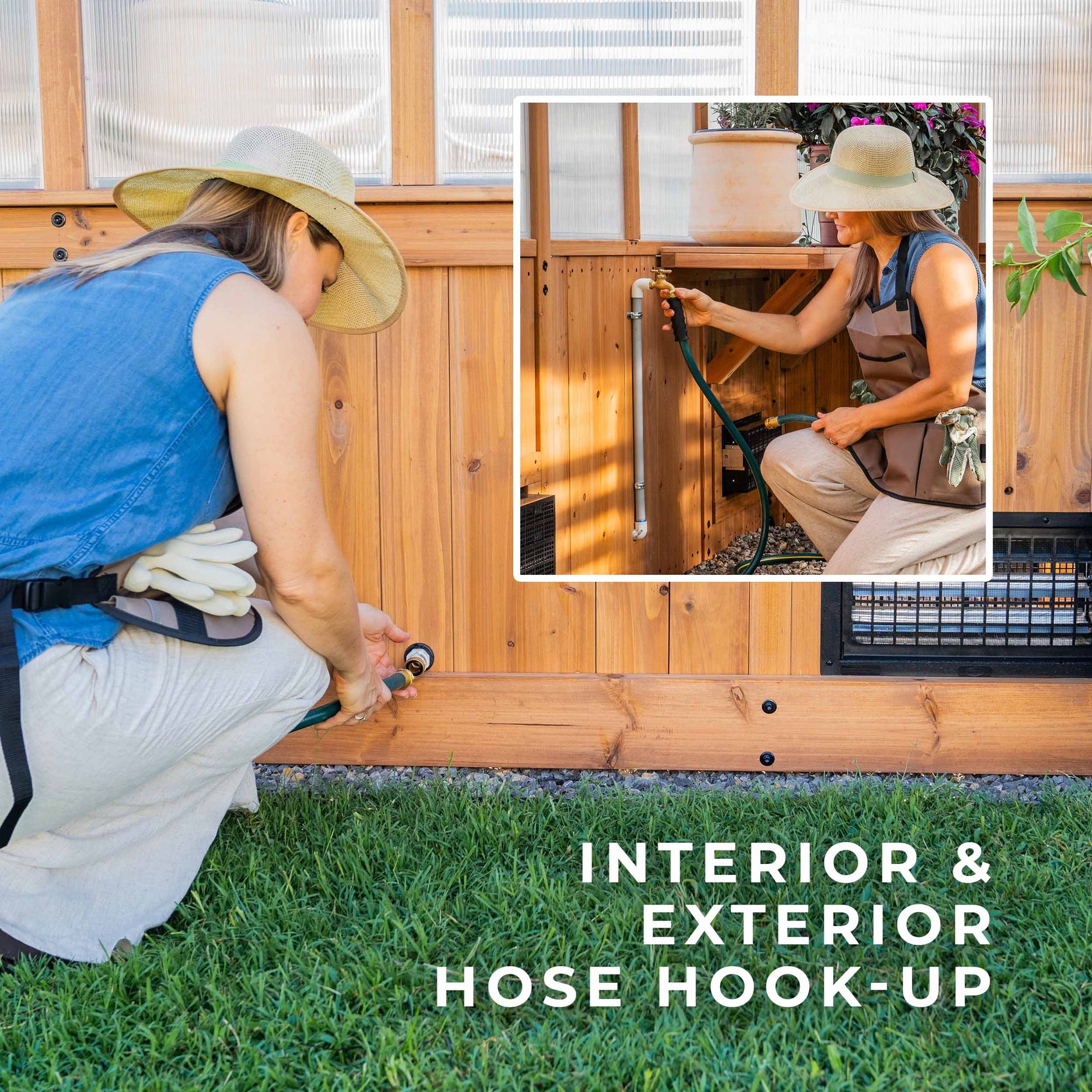 Woman connecting a garden hose to the exterior inlet of the Zalie greenhouse to run water through the interior spigot.