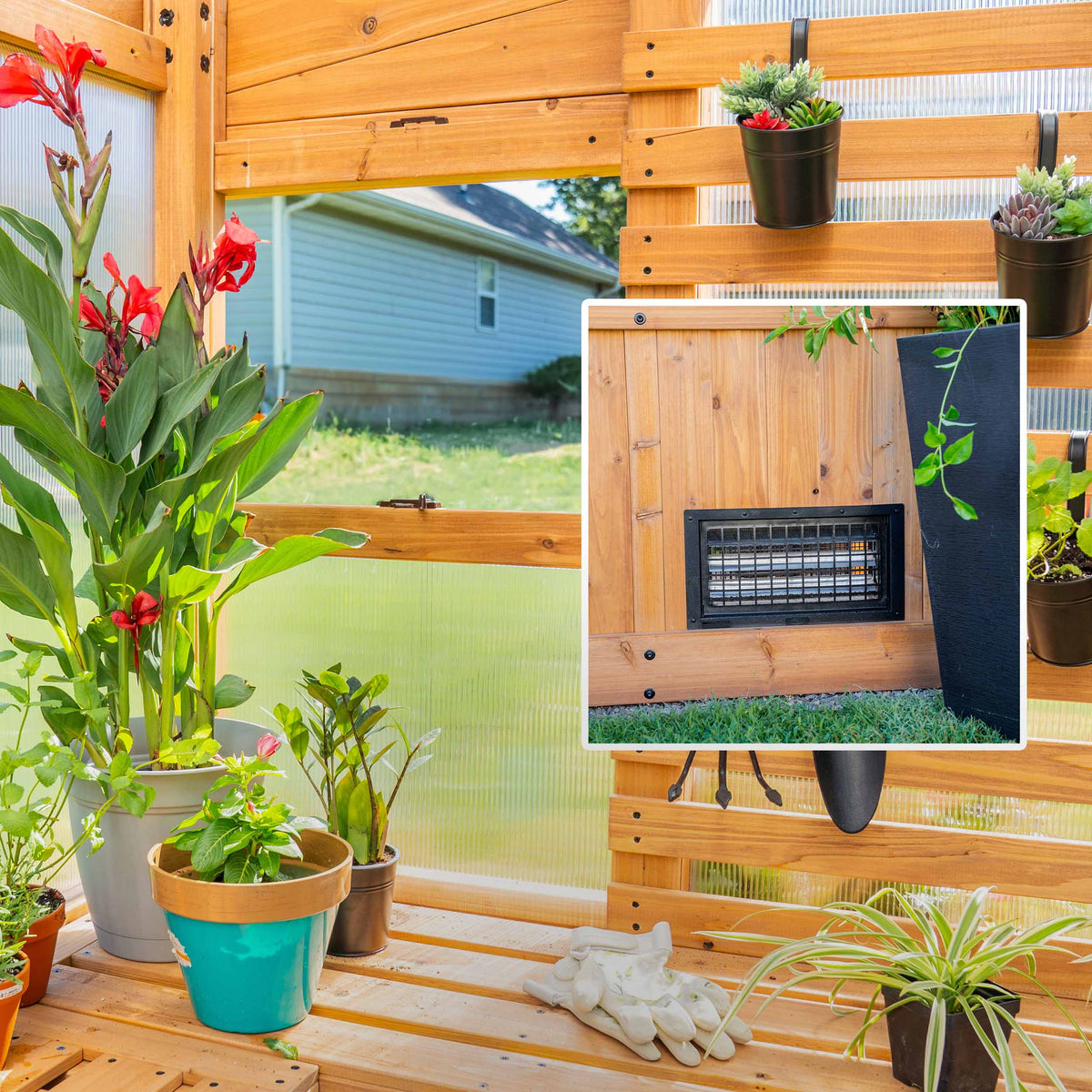 Operable window propped open on a DIY cedar greenhouse for passive ventilation and natural airflow.