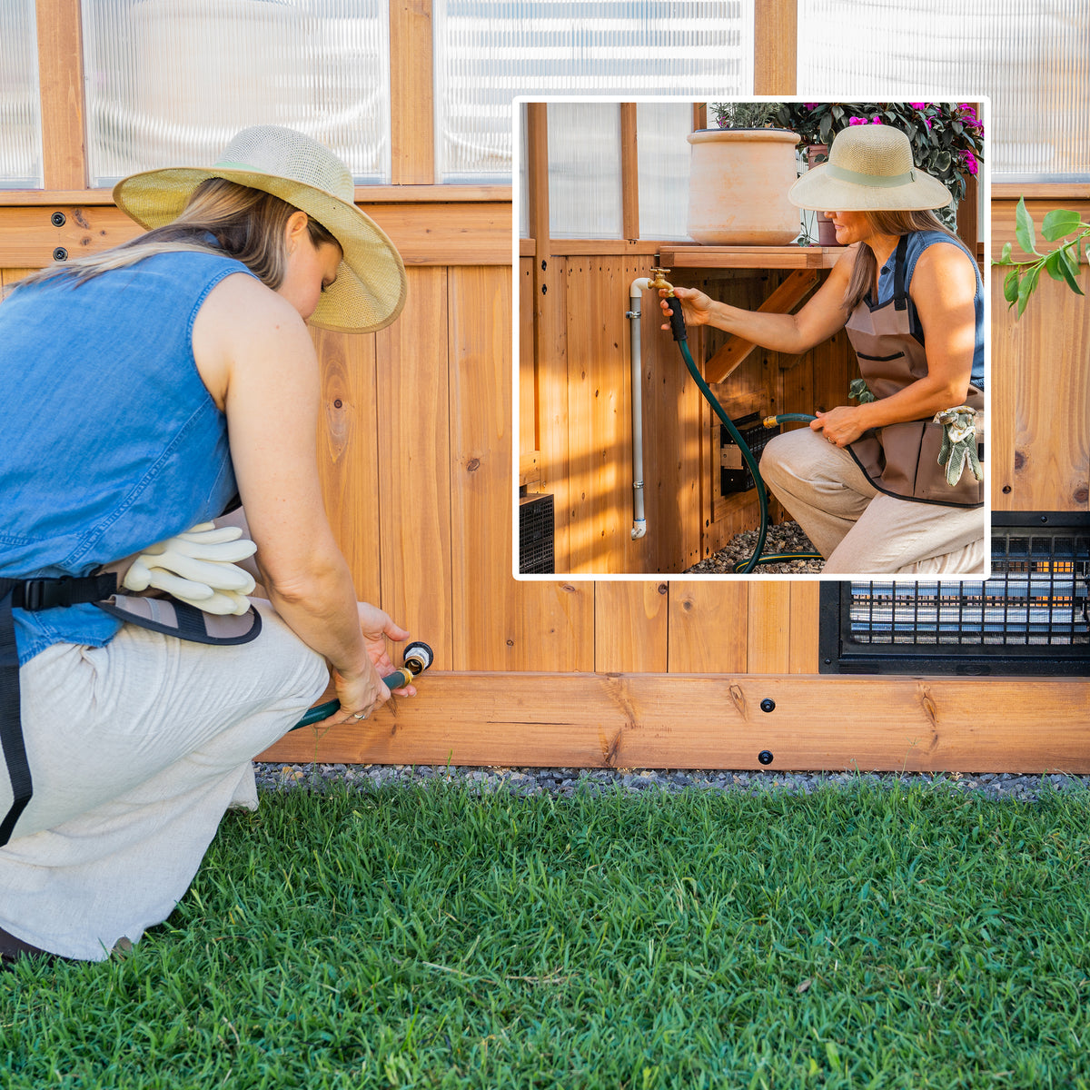 Woman connecting a garden hose to a walk-in cedar greenhouse water spigot.