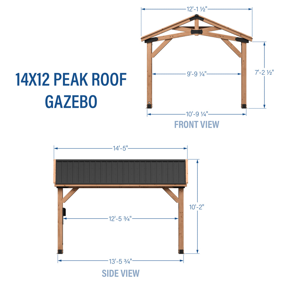 Peak roof cedar gazebo for sale shown in front and side dimensional views with steel bracket details.