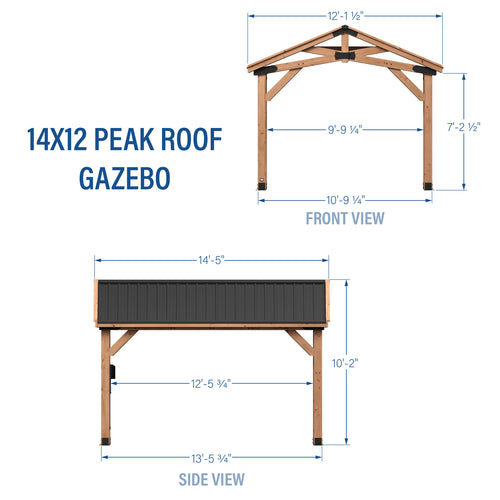 Peak roof cedar gazebo for sale shown in front and side dimensional views with steel bracket details.