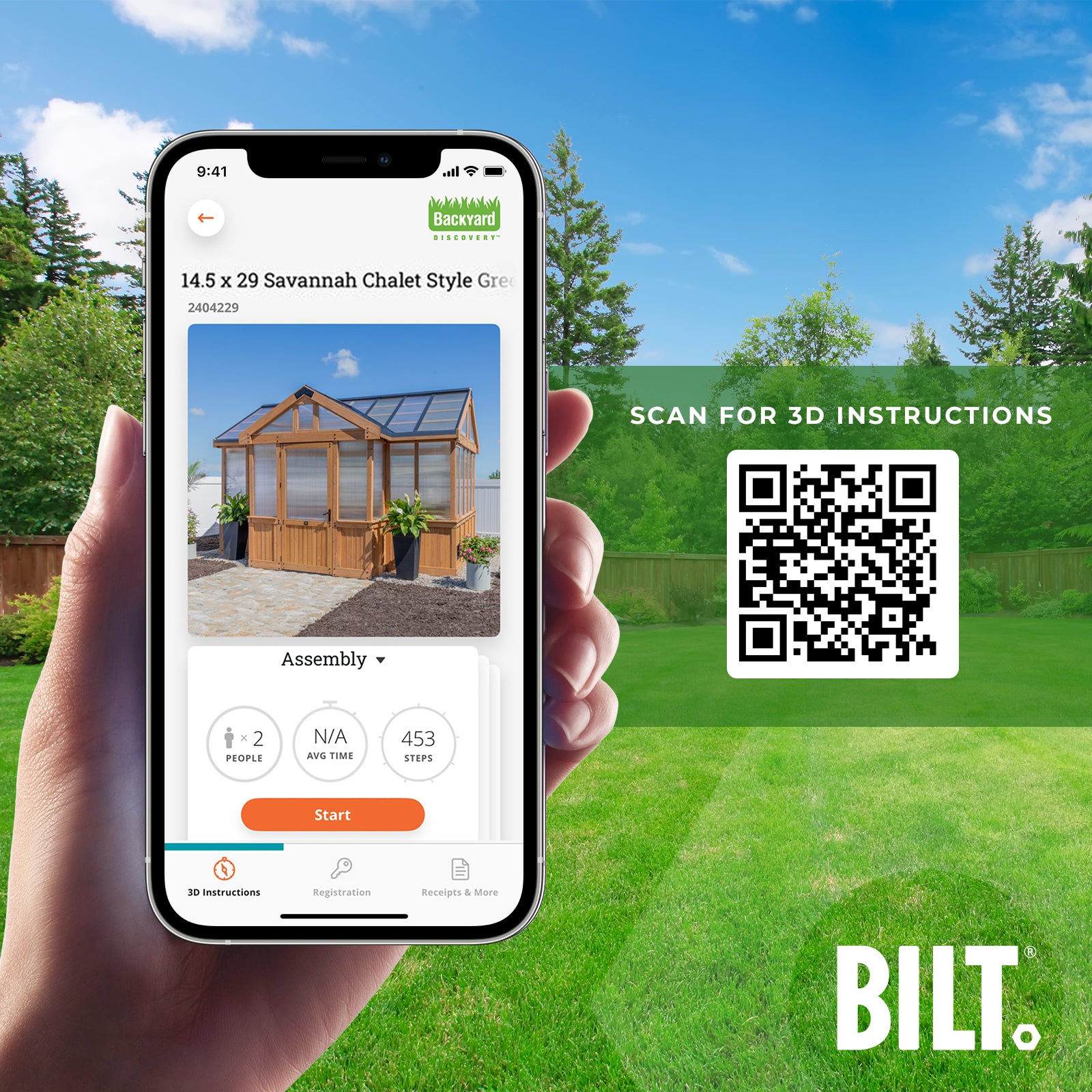 BILT app 3D assembly instructions for the Savannah greenhouse, shown on a smartphone.