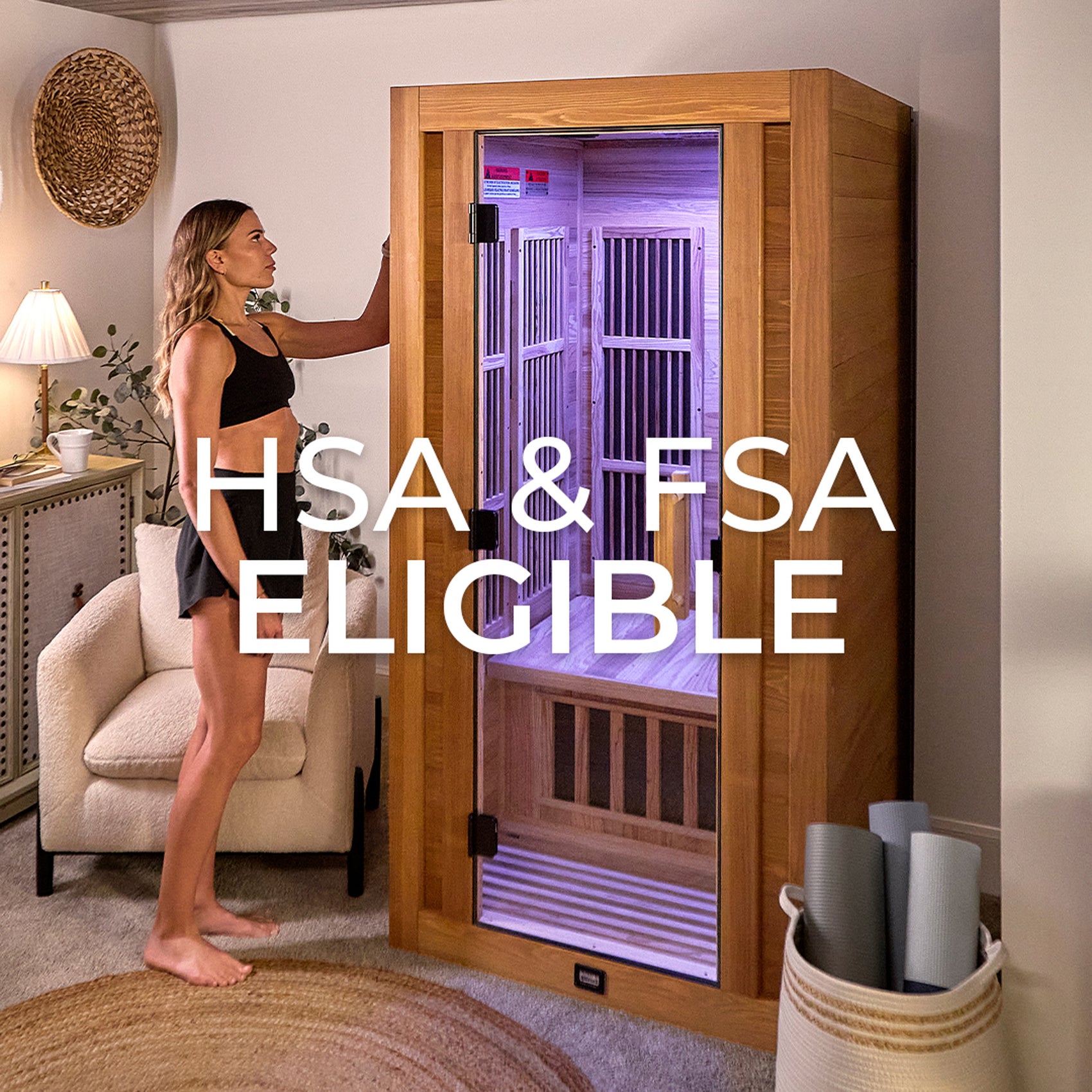 Rylan 1-person indoor infrared sauna HSA and FSA eligible badge via TrueMed for pretax savings