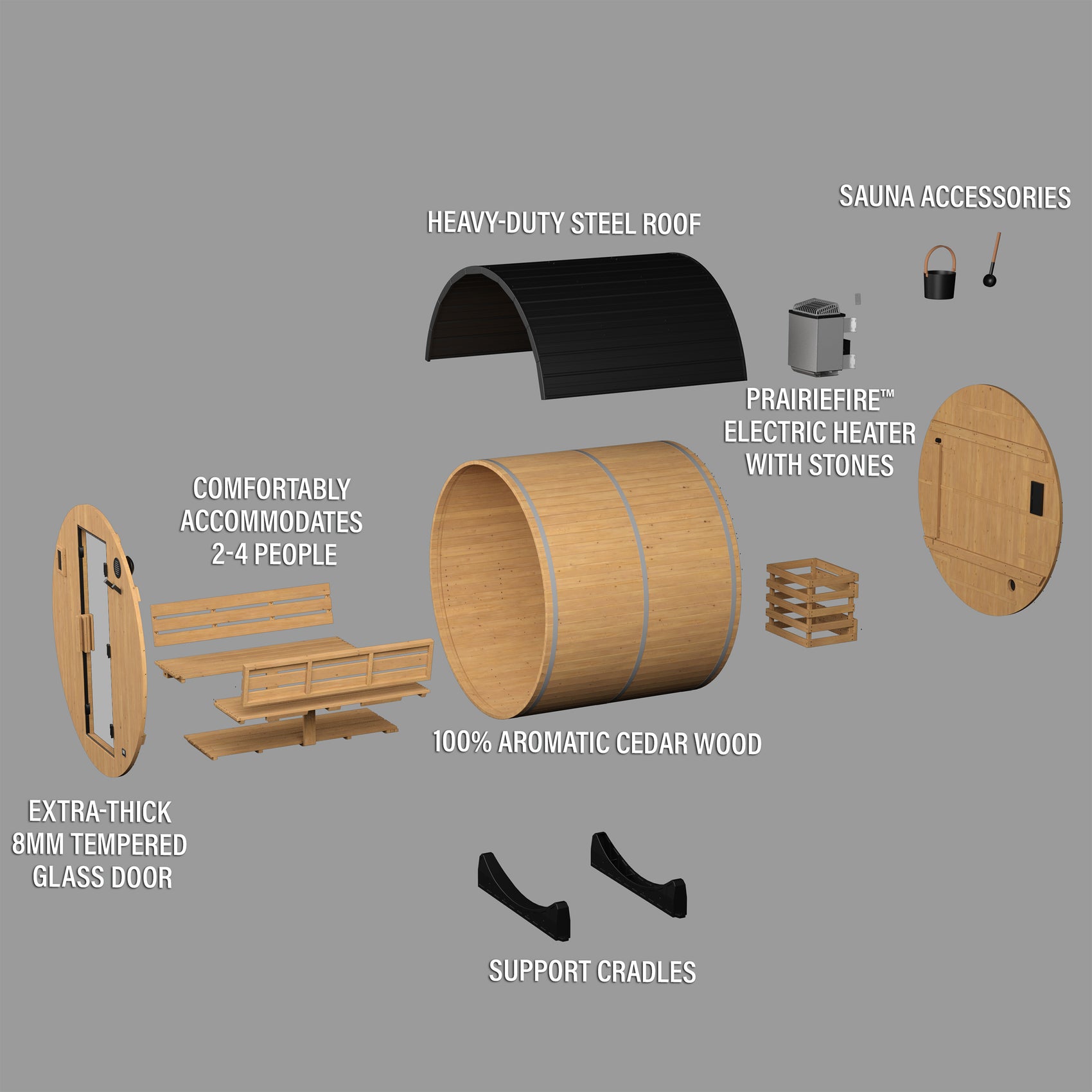 Exploded diagram of 2-4 person Paxton barrel sauna showing steel roof, electric heater, glass door, and sauna accessories