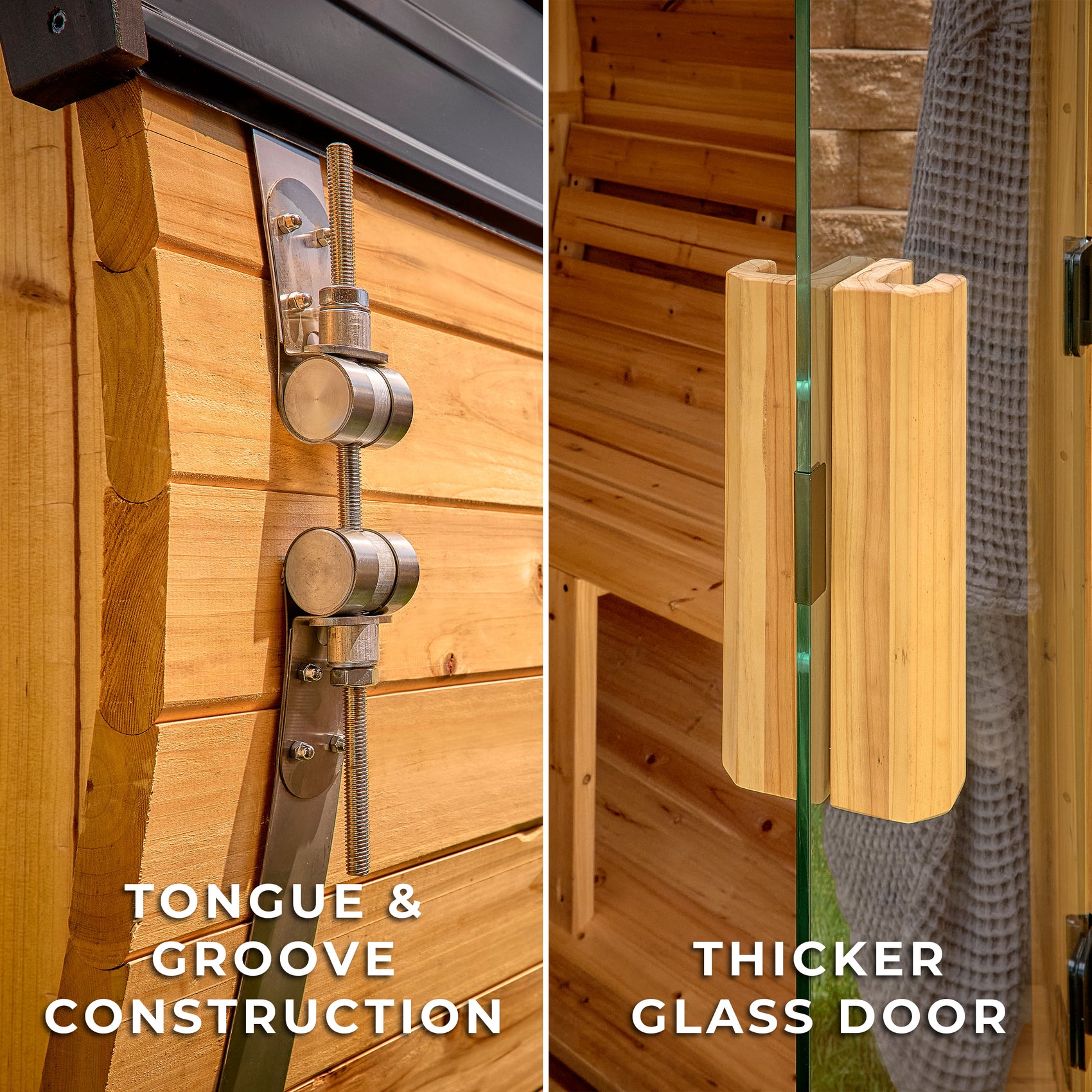 Split-screen showing the Paxton sauna tongue and groove construction and thick glass door with cedar handle