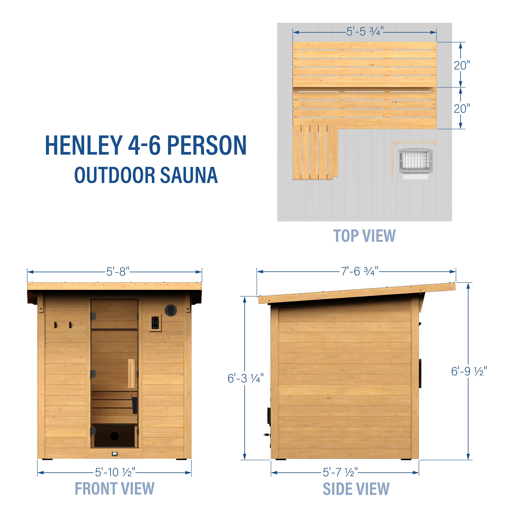 Henley 4-6 person outdoor cabin sauna dimensions showing top front and side views with measurements | stacked