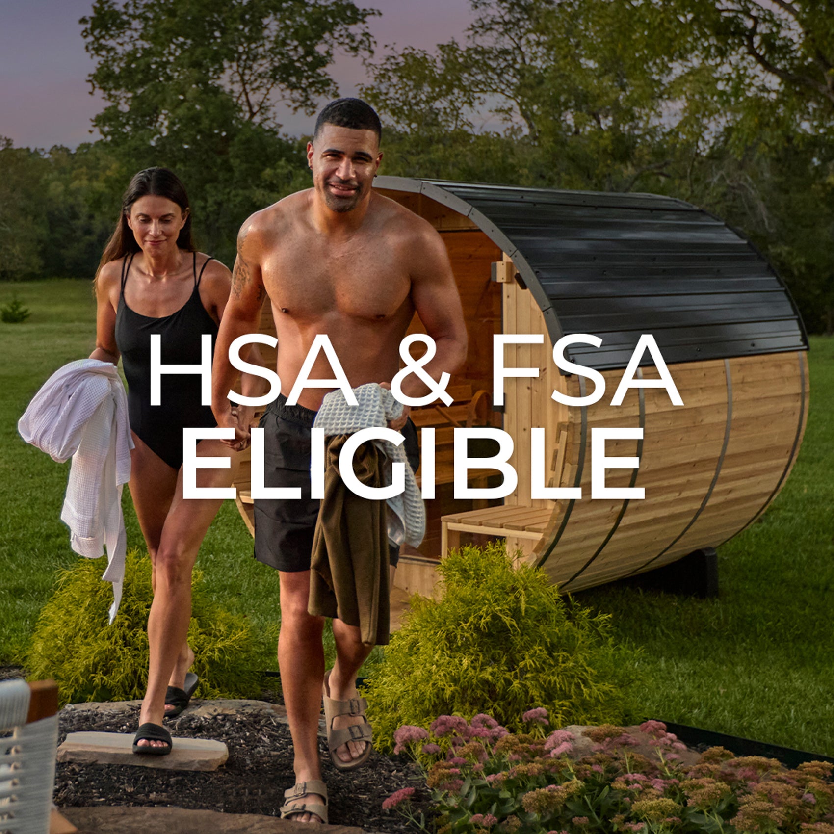 Two people walking towards a wooden sauna in a garden with text 'HSA & FSA ELIGIBLE' for qualified buyers via TrueMed.