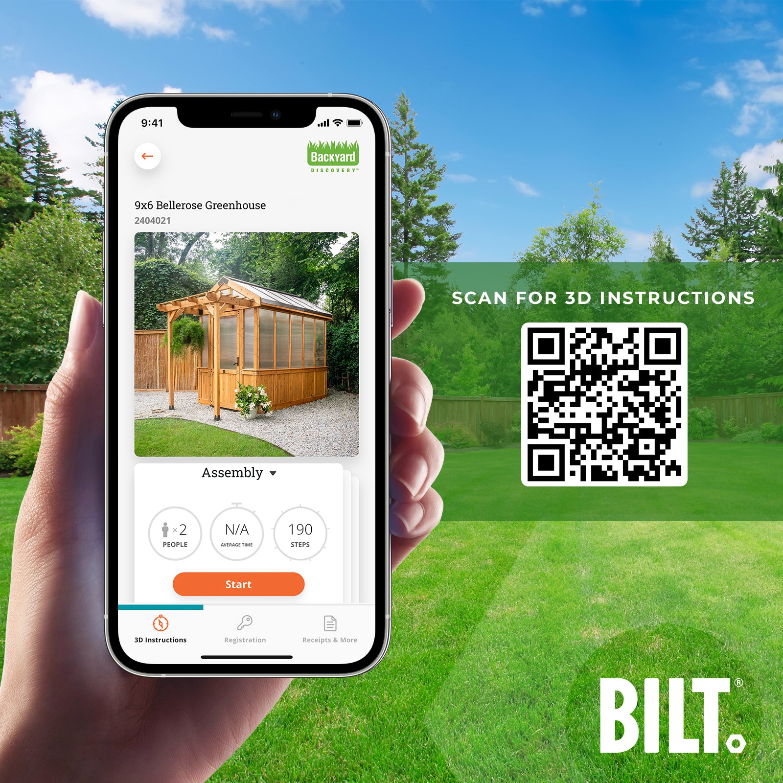 BILT app 3D assembly instructions for the Bellerose greenhouse, shown on a smartphone.