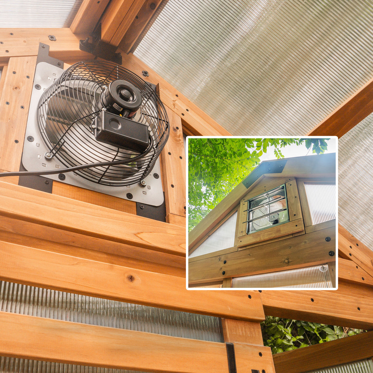 Thermostat exhaust fan mounted in the upper cedar wall panel of a greenhouse shown from interior and exterior views.