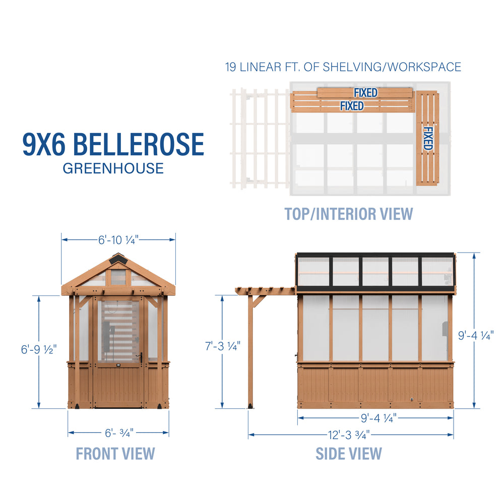 Dimensional drawings of the 9x6 Bellerose home greenhouse with front, side, and top interior views.