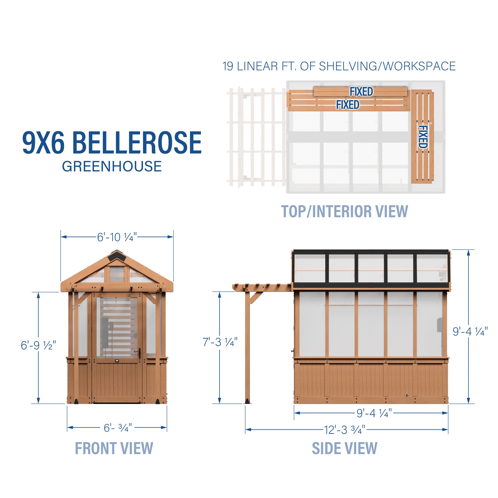 Dimensional drawings of the 9x6 Bellerose home greenhouse with front, side, and top interior views.