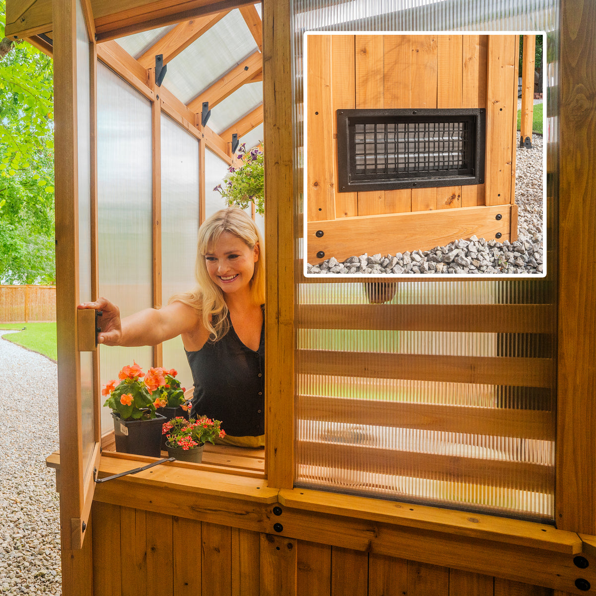 Woman opening an operable window on a cedar greenhouse kit for passive ventilation.