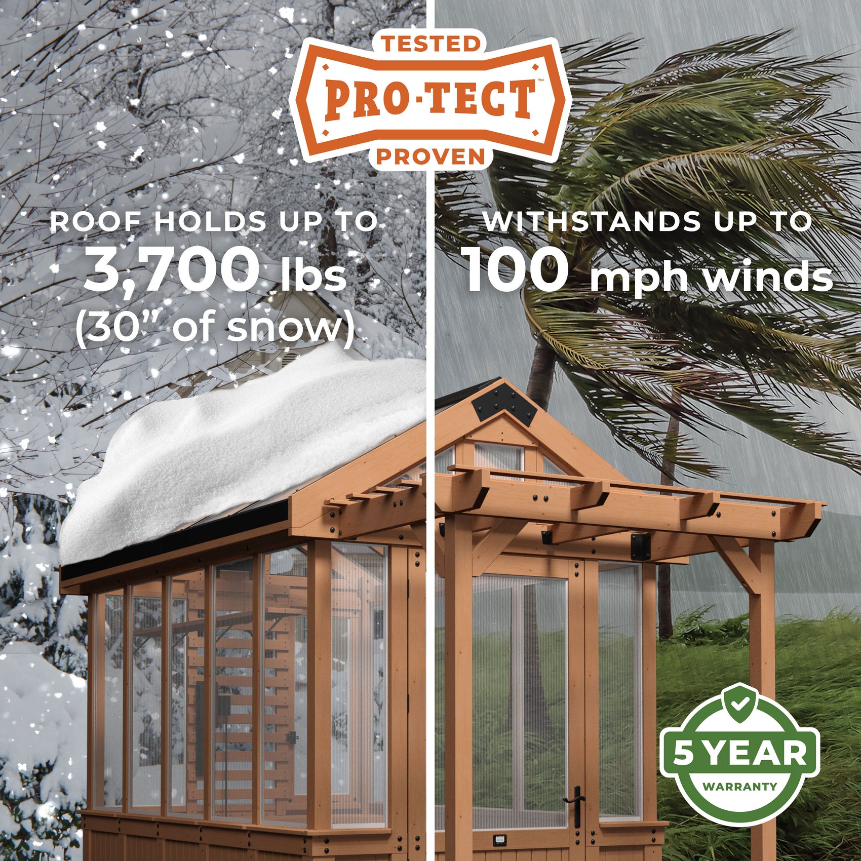 Backyard Discovery Pro-Tect rated cedar and polycarbonate greenhouse weather tested against wind, snow, and rain.
