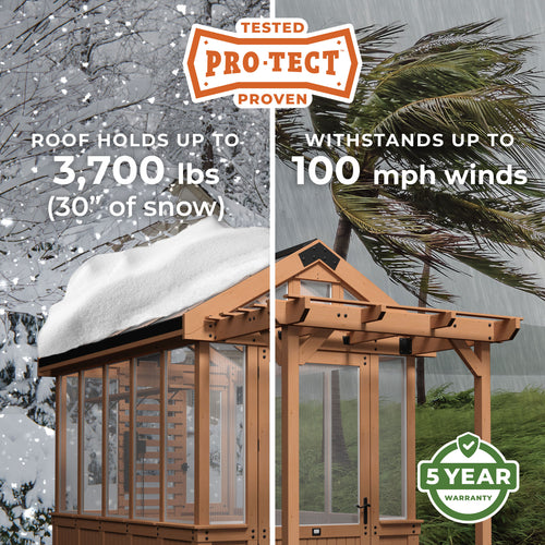 Backyard Discovery Pro-Tect rated cedar and polycarbonate greenhouse weather tested against wind, snow, and rain.