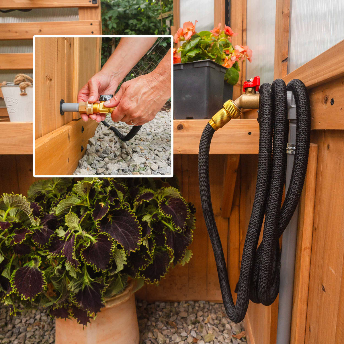 Exterior hose inlet and interior brass water spigot built into the base of the 9x6 Bellerose greenhouse.