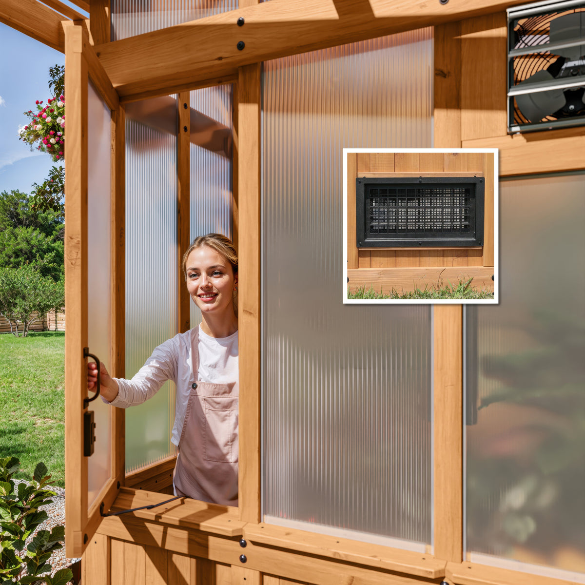 Woman opening the garden cedar greenhouse door with a base intake vent shown.