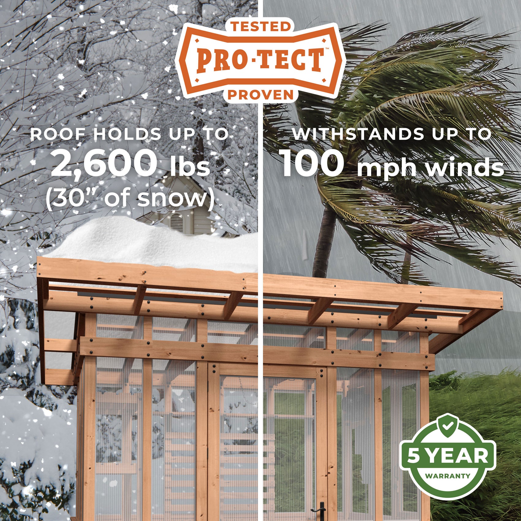 Backyard Discovery Pro-Tect rated cedar and polycarbonate greenhouse, weather tested to 100 mph winds and heavy snow.