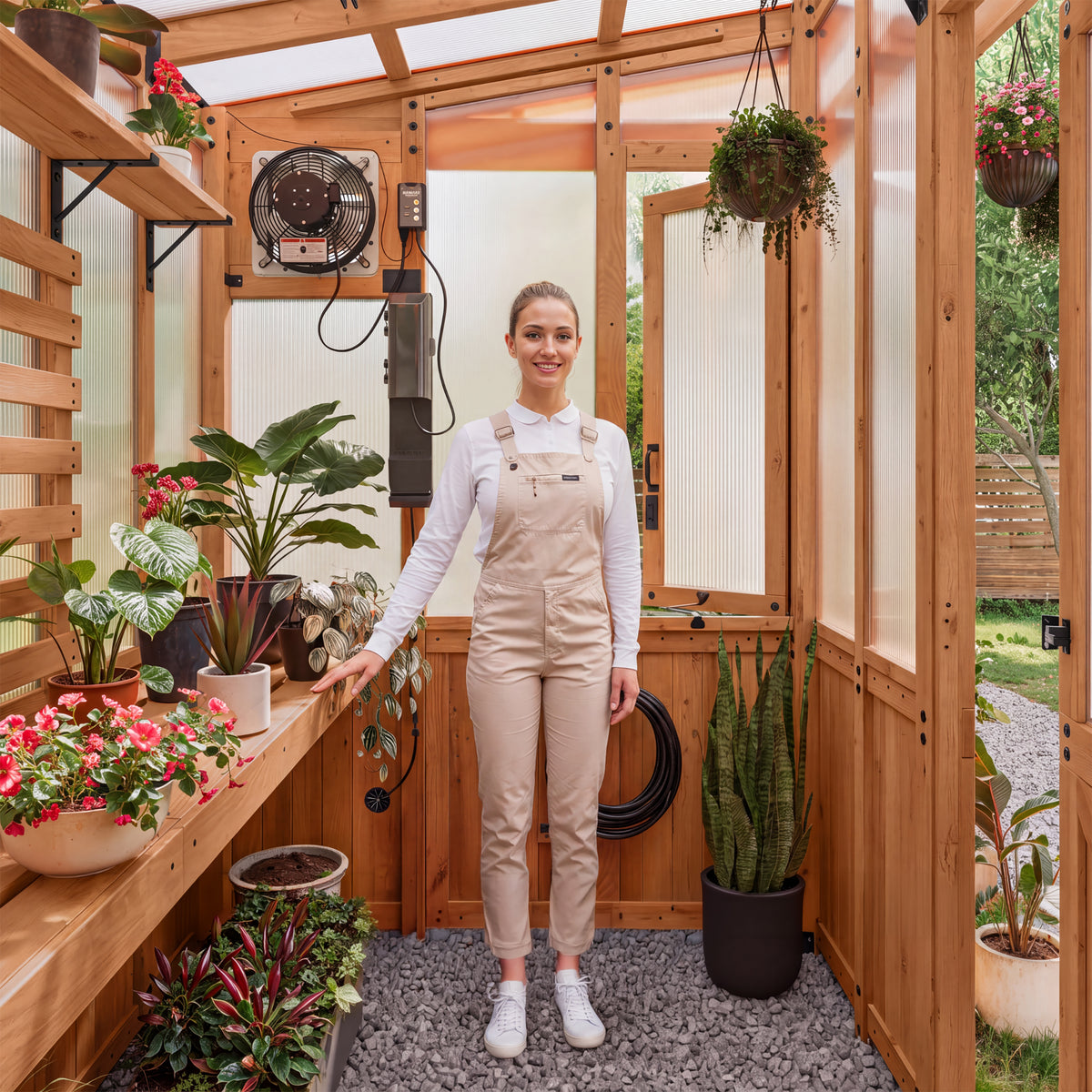 Woman connecting a garden hose to the exterior inlet that feeds the interior water spigot of a cedar greenhouse kit.