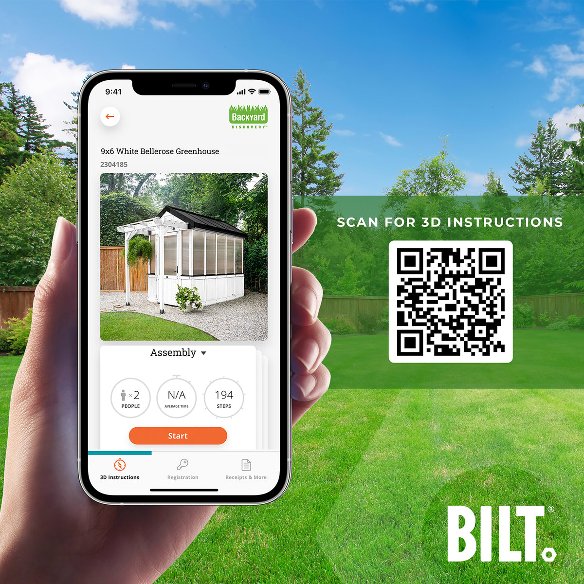 BILT app 3D assembly instructions for the White Bellerose greenhouse, shown on a smartphone.