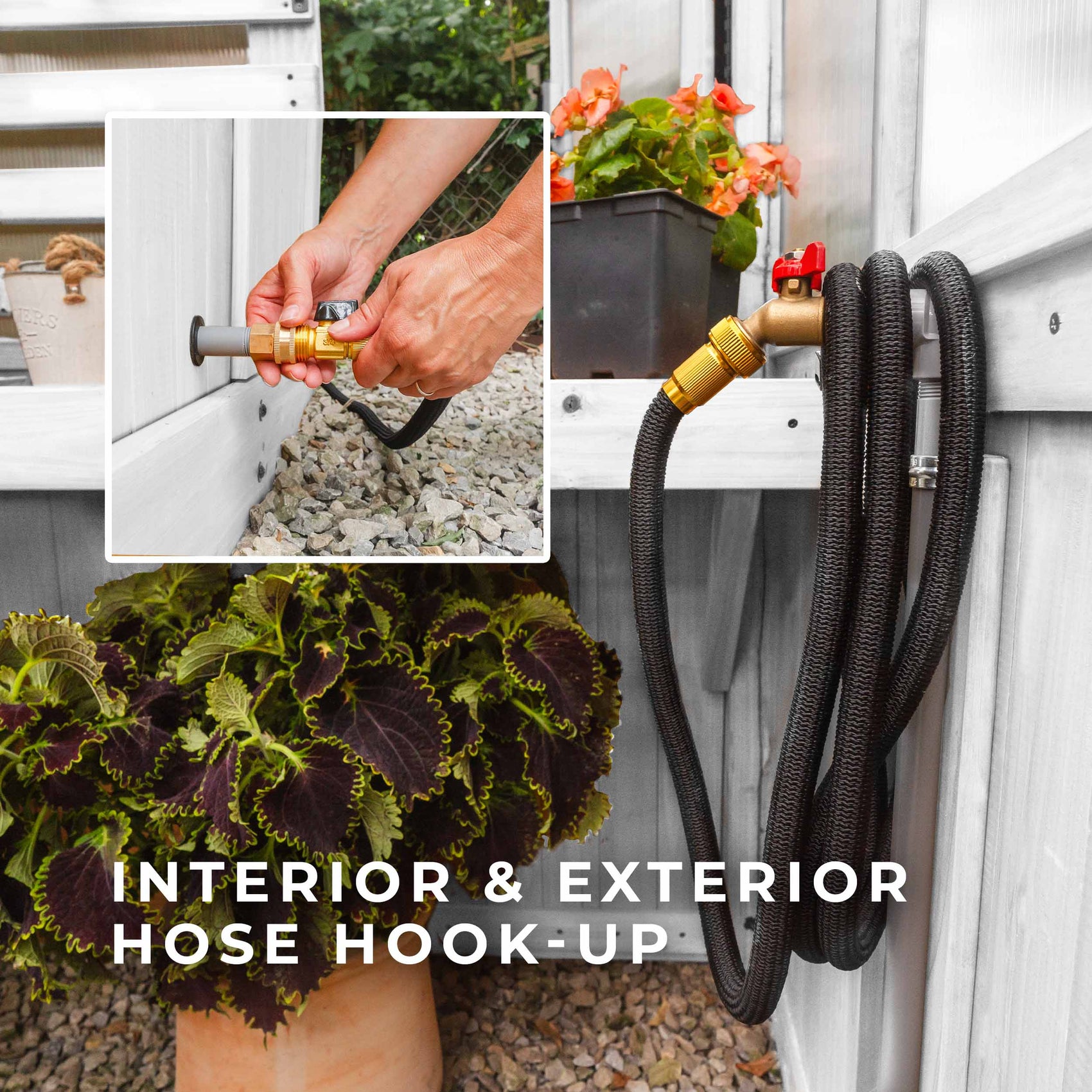 The interior and exterior hose hookups connect a garden hose from inside or outside the White Bellerose walk-in greenhouse.