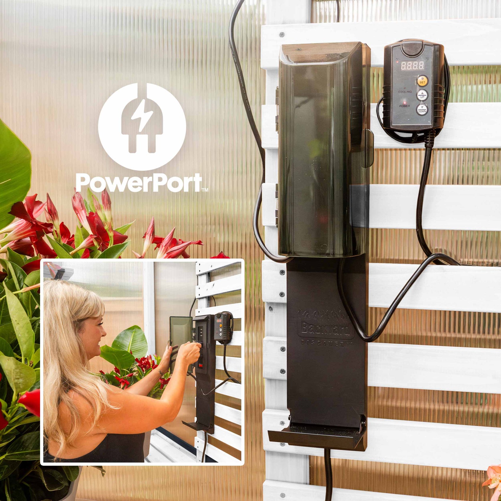 The PowerPort electric hub with 3 outlets and 3 USB ports mounts to the slat wall inside the White Bellerose greenhouse.
