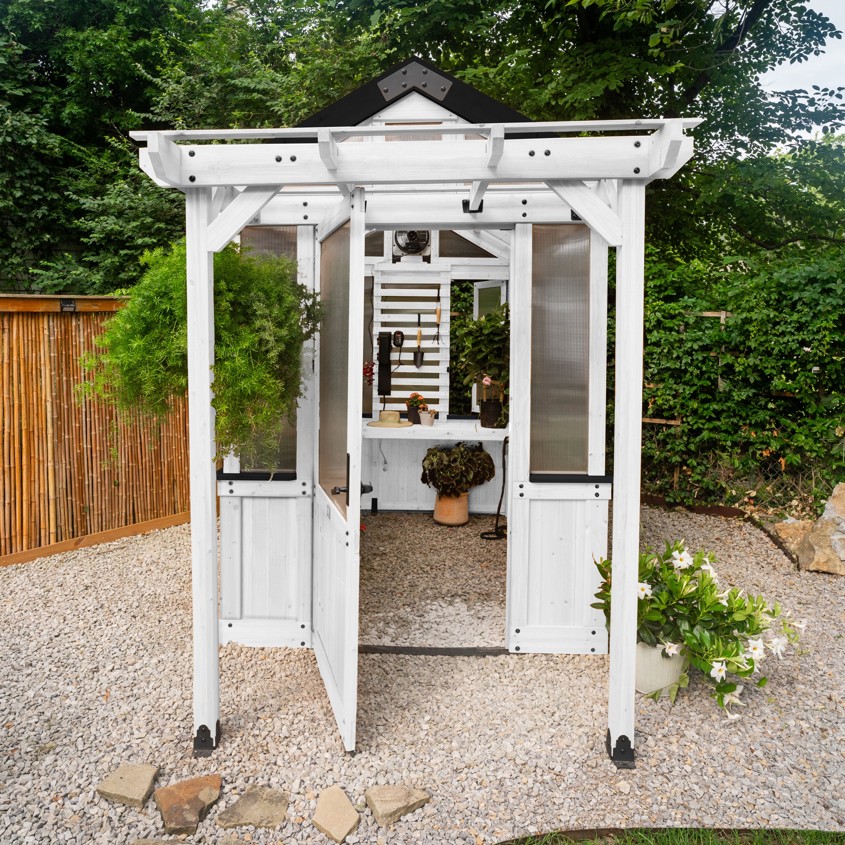 9x6 White Bellerose Cedar Greenhouse Kit | Backyard Discovery