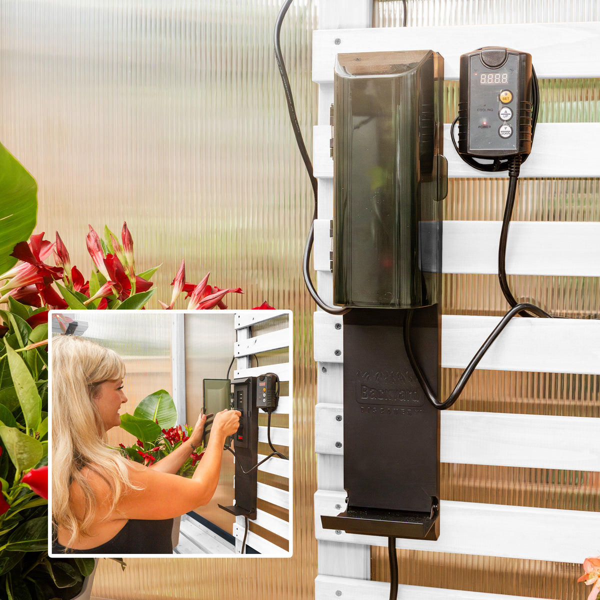PowerPort electric hub mounted on white frame with a woman adjusting the controls.