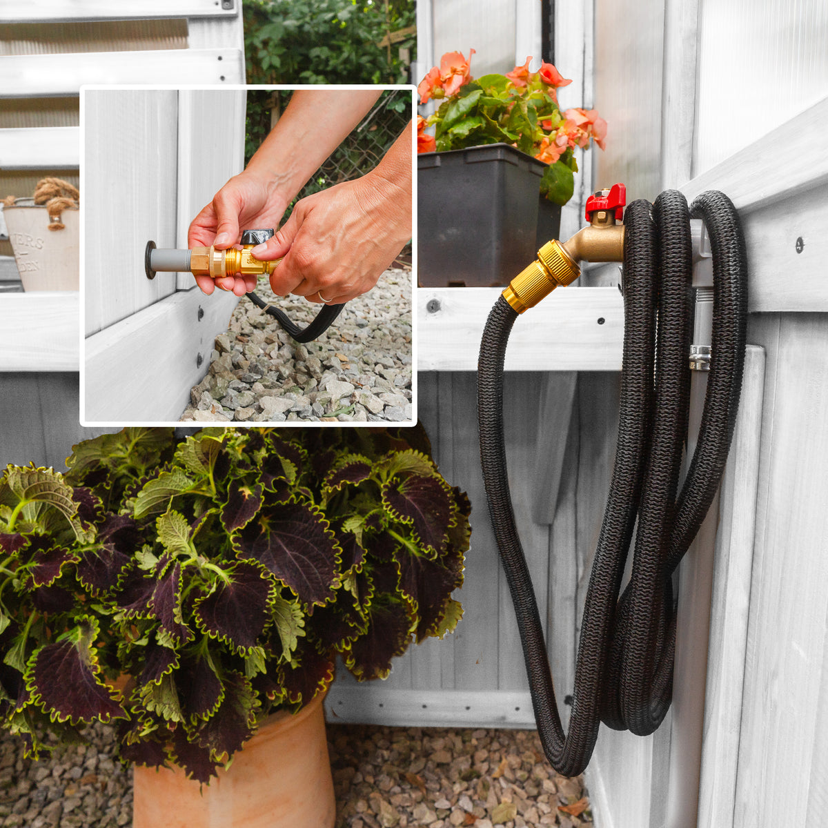 Exterior hose inlet and interior brass water spigot built into the base of a year-round white-frame greenhouse.