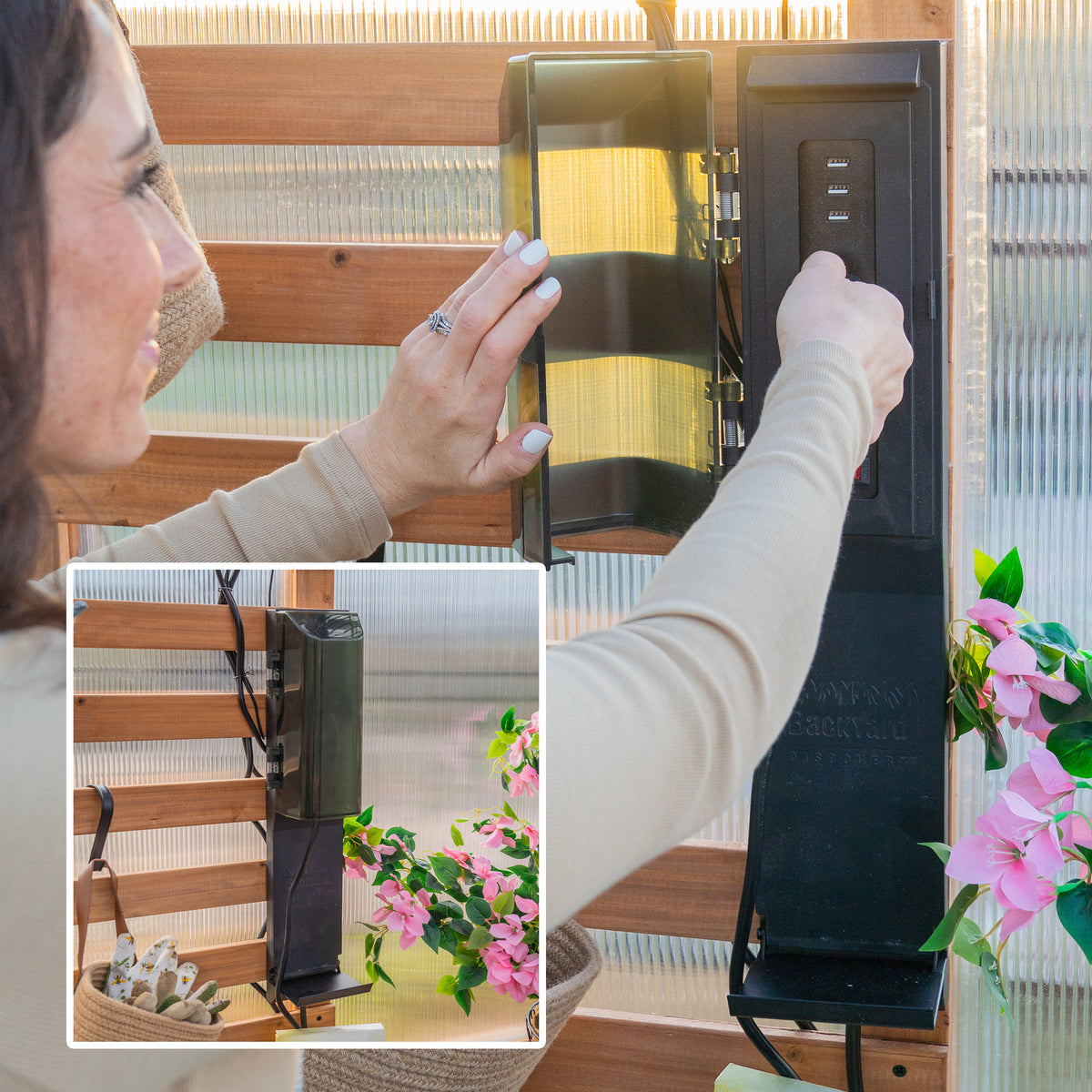 Woman installing a PowerPort electric hub onto an outdoor greenhouse wall panel.