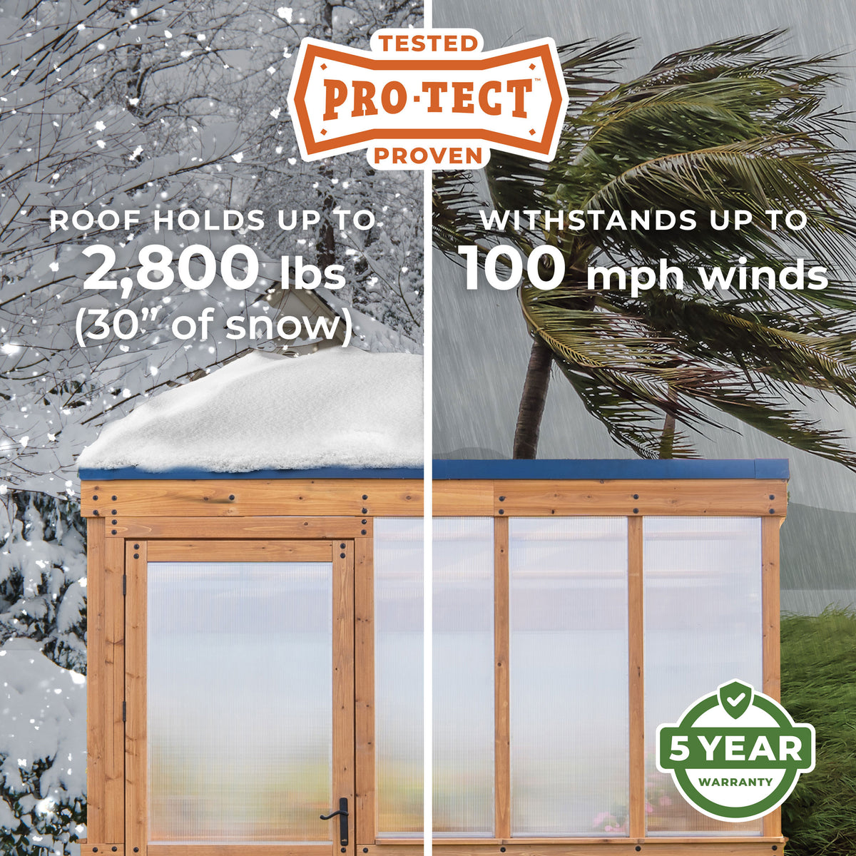Backyard Discovery Pro-Tect rated cedar and polycarbonate Willow greenhouse, weather tested against wind and snow.