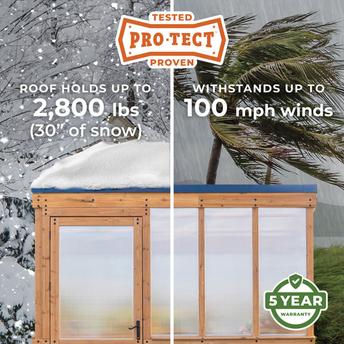 Backyard Discovery Pro-Tect rated cedar and polycarbonate Willow greenhouse, weather tested against wind and snow.