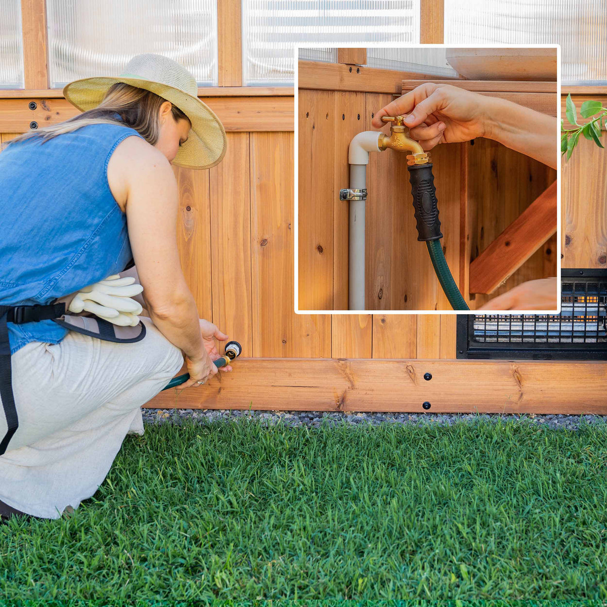 Woman connecting a garden hose to a 4-wall polycarbonate greenhouse outdoor spigot.