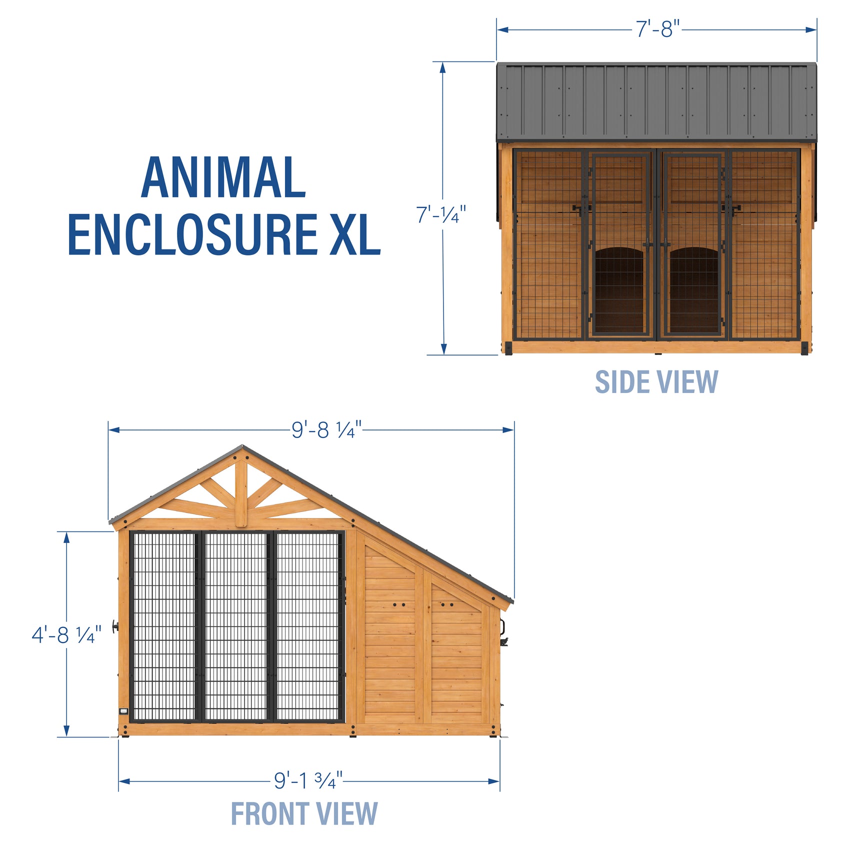 Dimension diagram of cedar and steel outdoor dog kennel with front and side views.