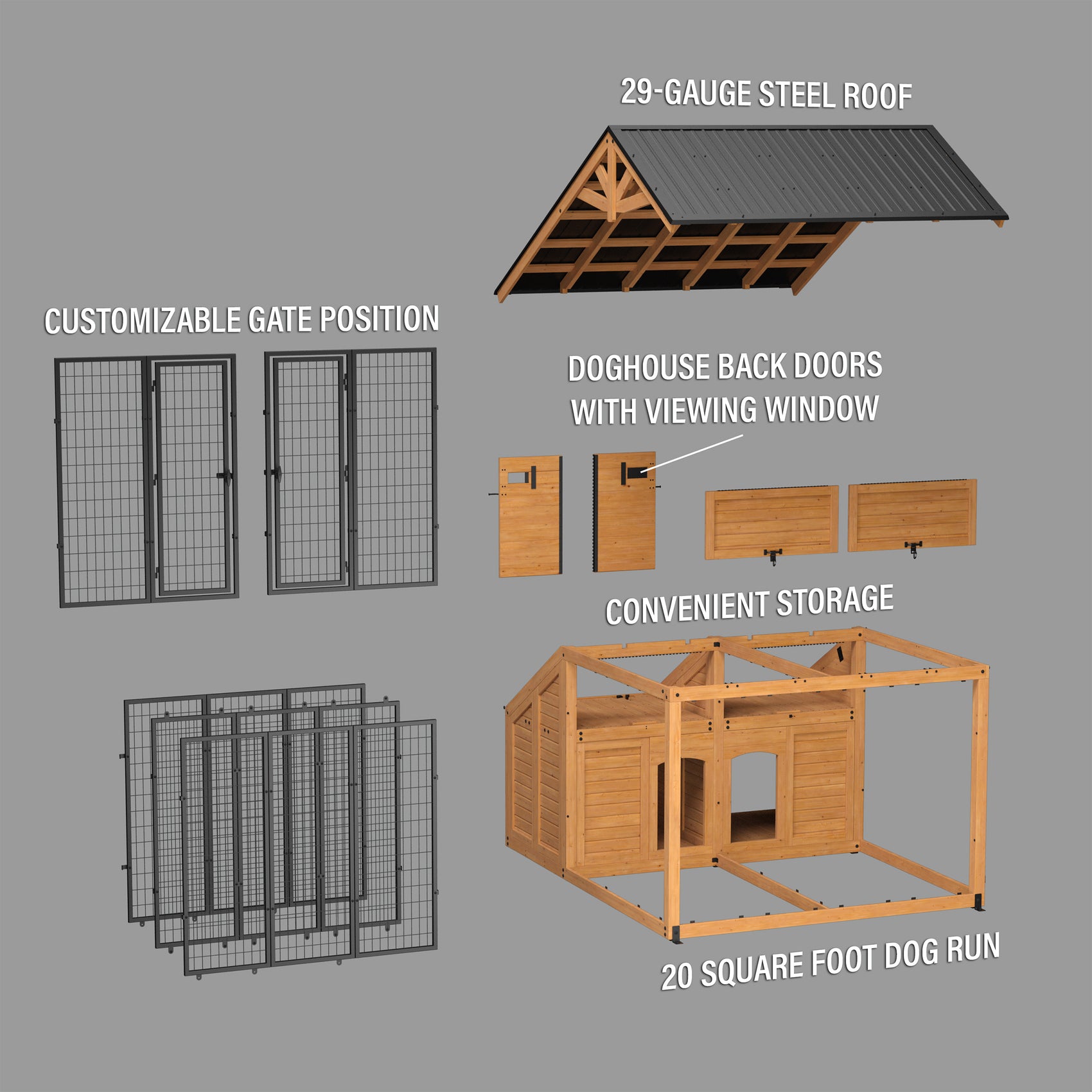 Exploded assembly diagram of Backyard Discovery outdoor pet enclosure with labeled parts.