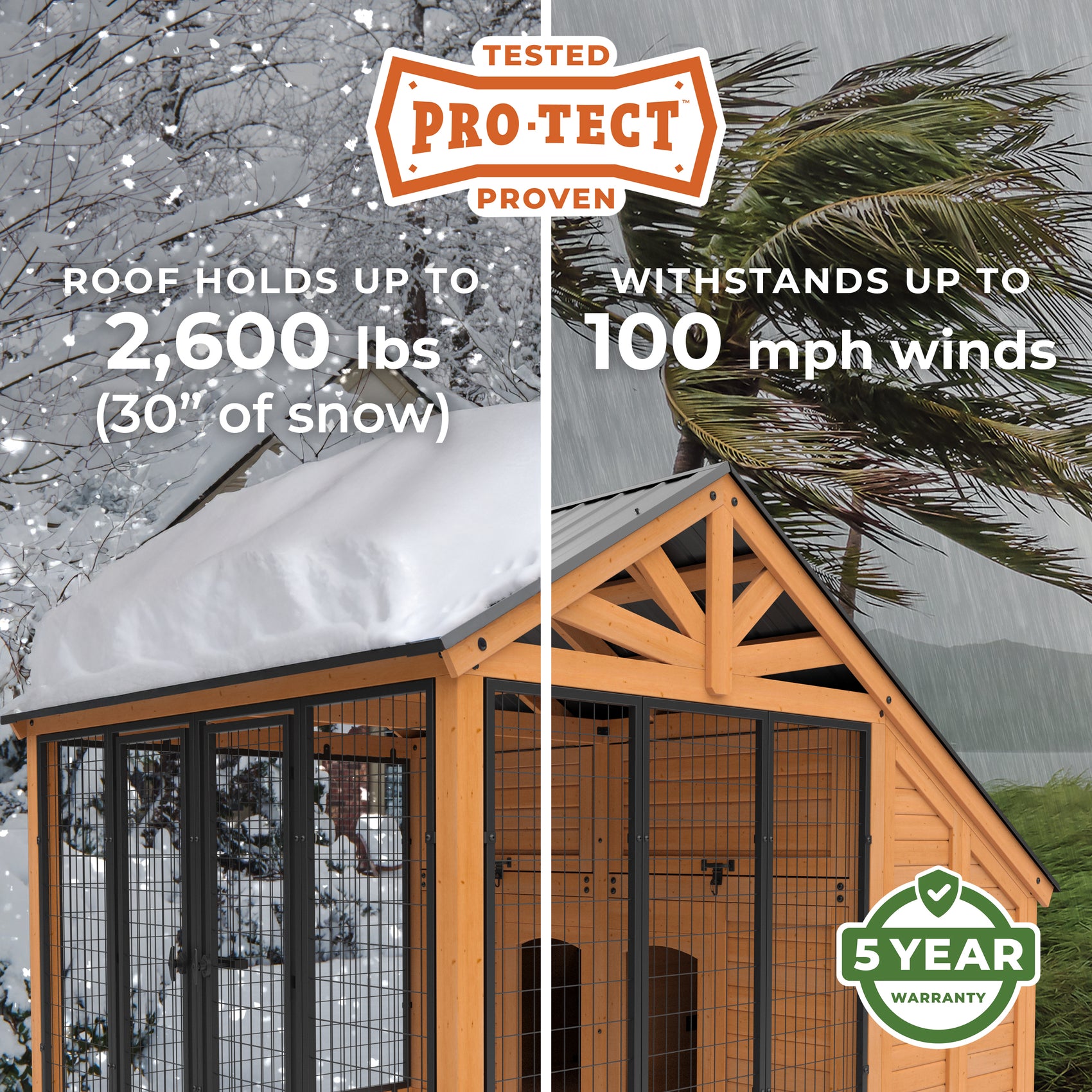 Pro-Tect weather tested cedar outdoor pet enclosure under snow and wind with warranty badge.