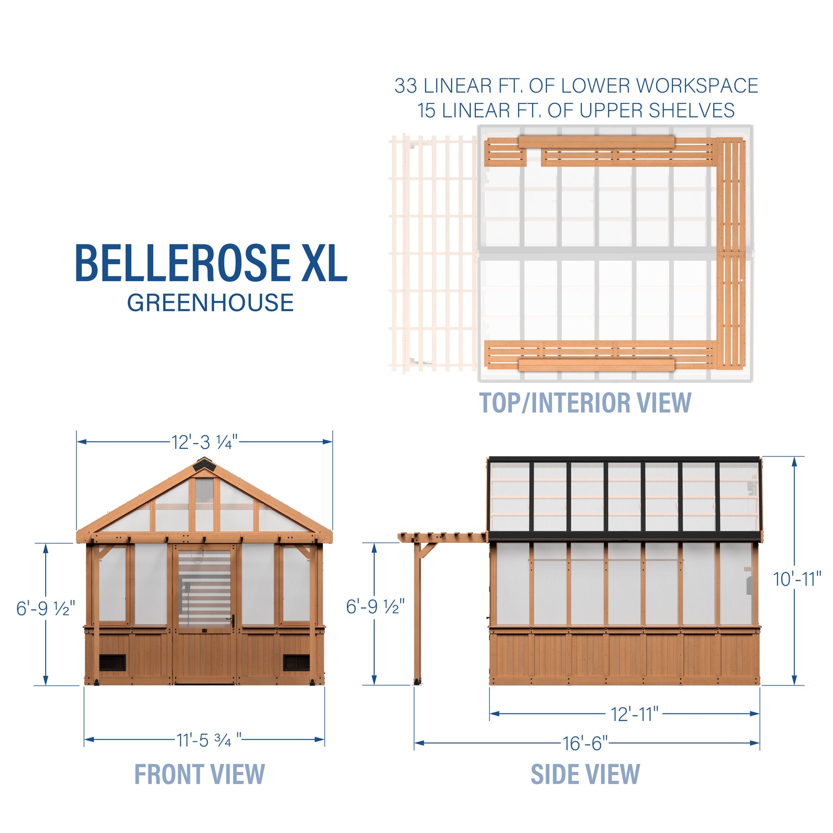 Dimensional drawings of the 13x11 Bellerose XL backyard greenhouse with front, side, and top interior views.