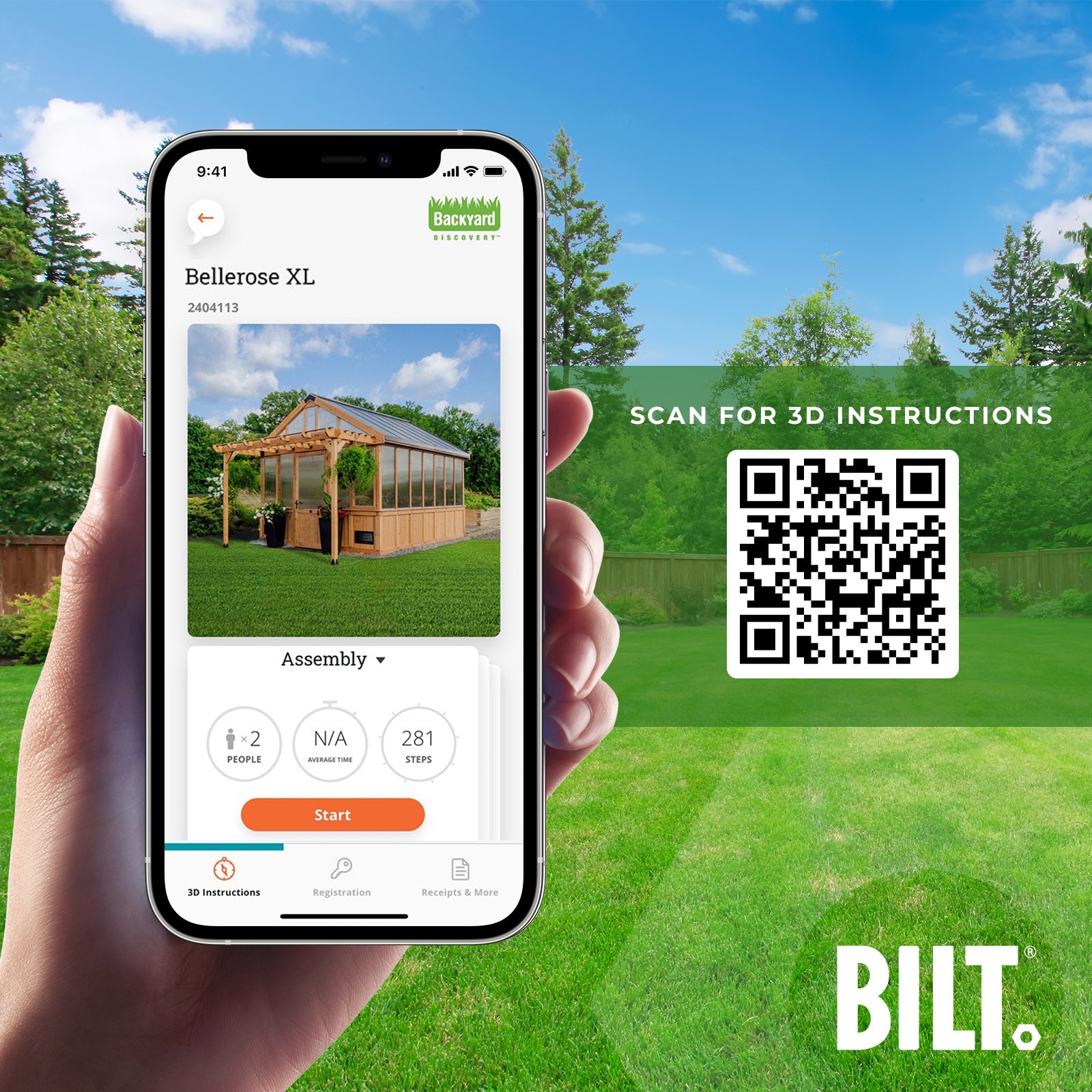 BILT app 3D step-by-step assembly instructions for the Bellerose XL greenhouse, shown on a smartphone.