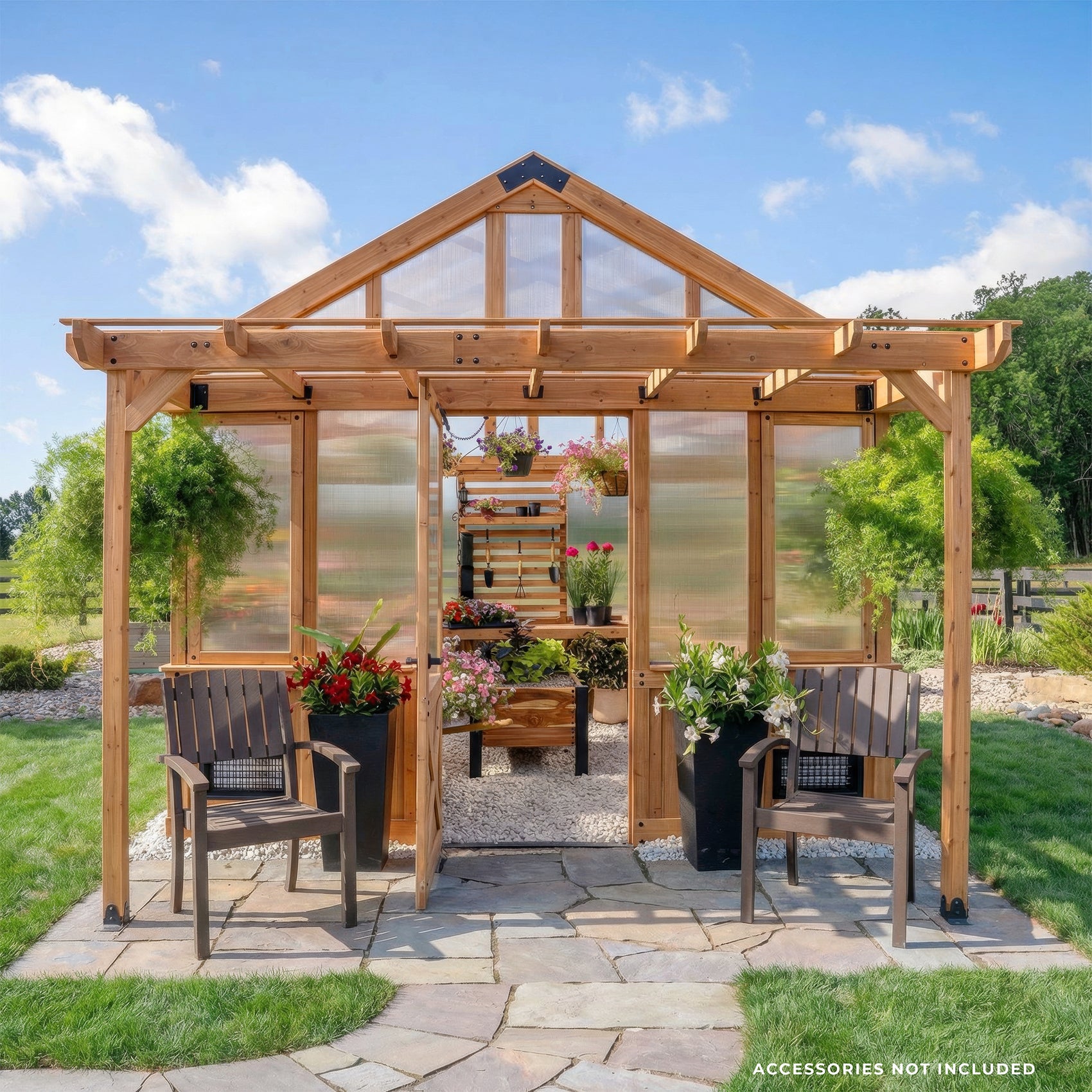Cedar and polycarbonate Bellerose XL greenhouse with a peaked roof and integrated pergola overhang.