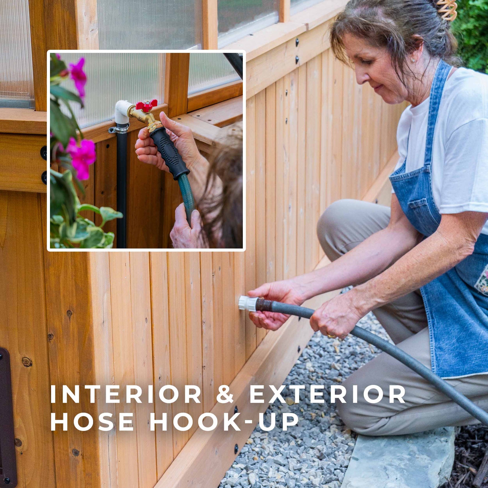 Woman connecting a garden hose to the Bellerose XL outdoor greenhouse's exterior hose hookup.