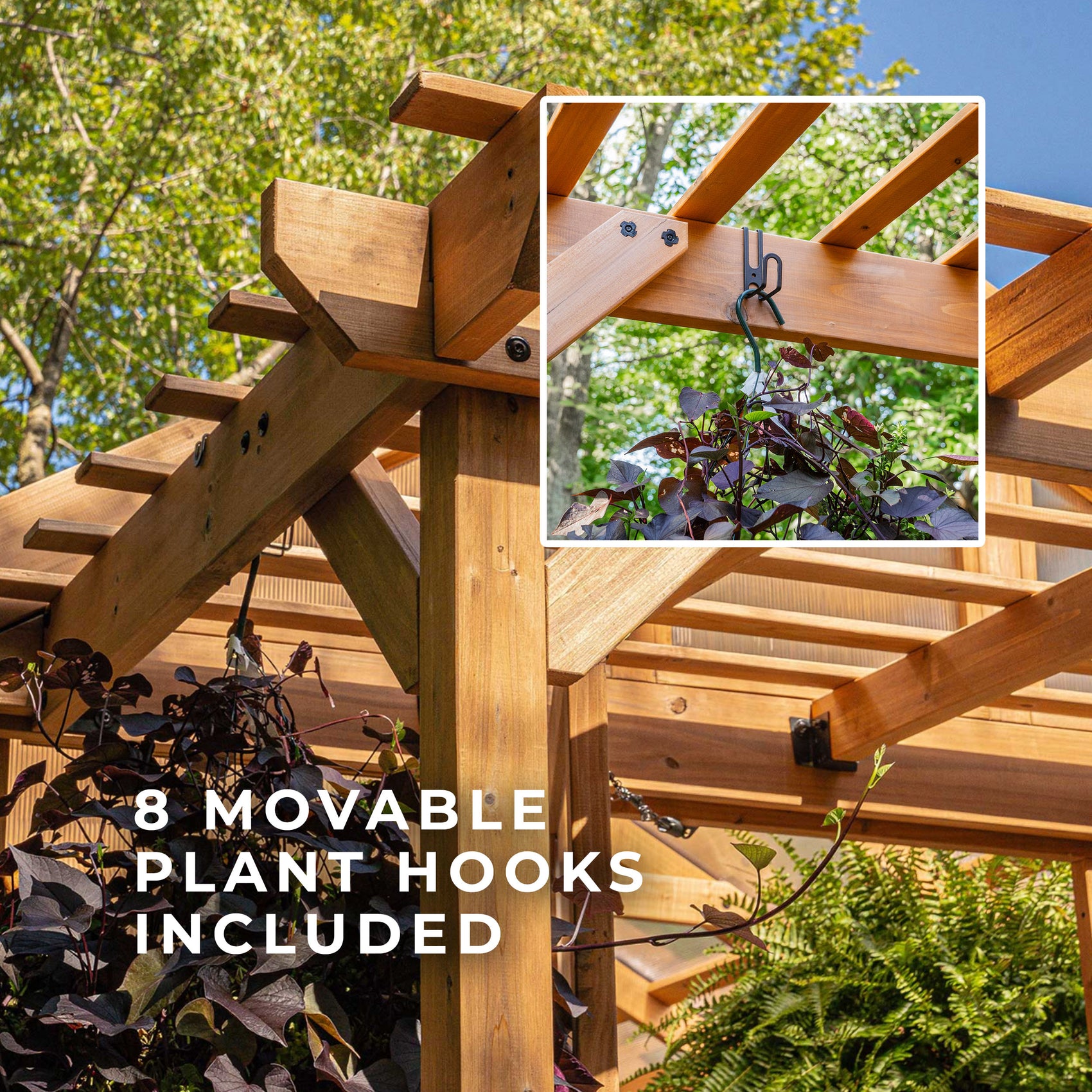 Eight movable plant hooks clip onto the cedar beams of the Bellerose XL outdoor greenhouse's pergola overhang.