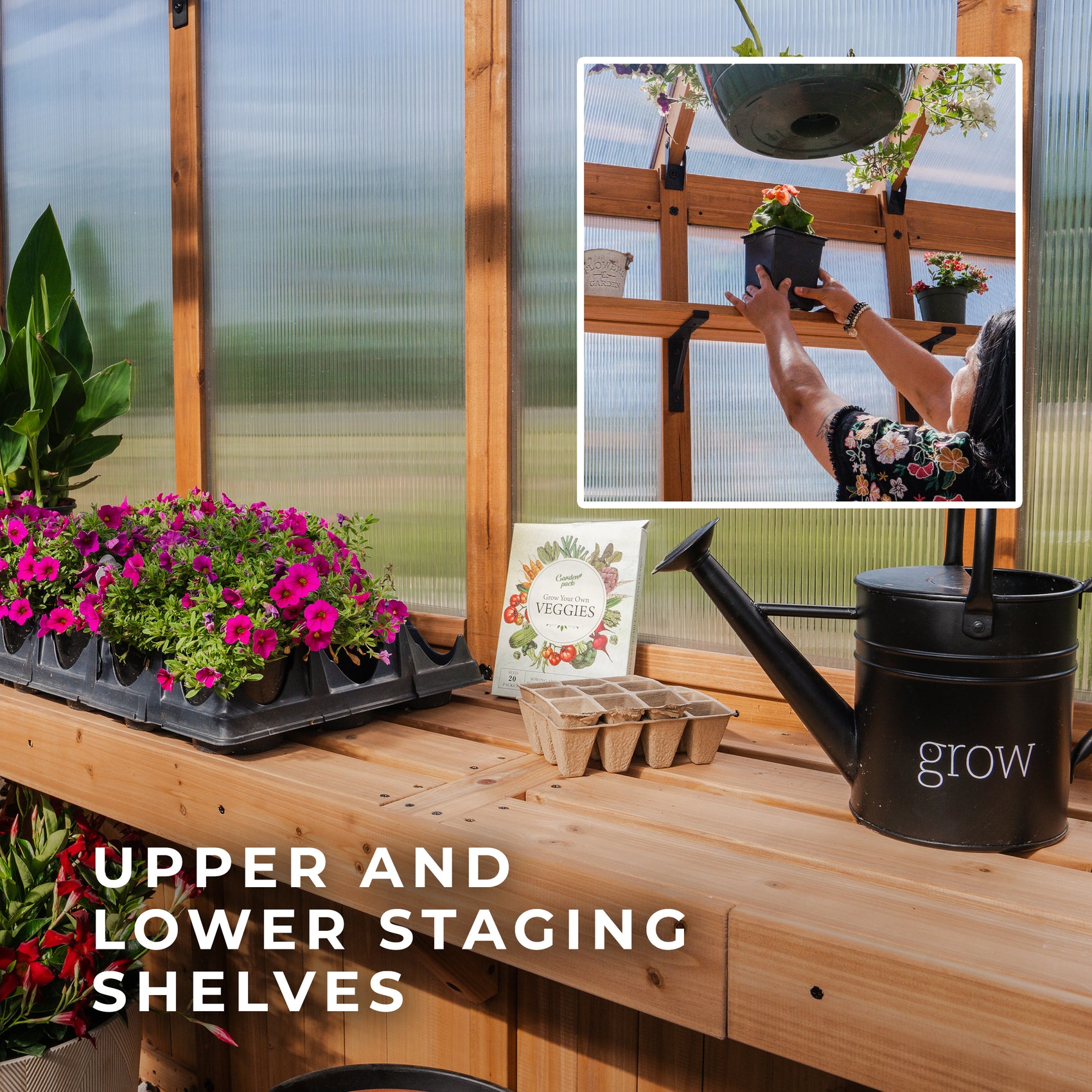 Cedar staging shelves hold potted flowers, seed trays, and a watering can inside the Bellerose XL wooden greenhouse.
