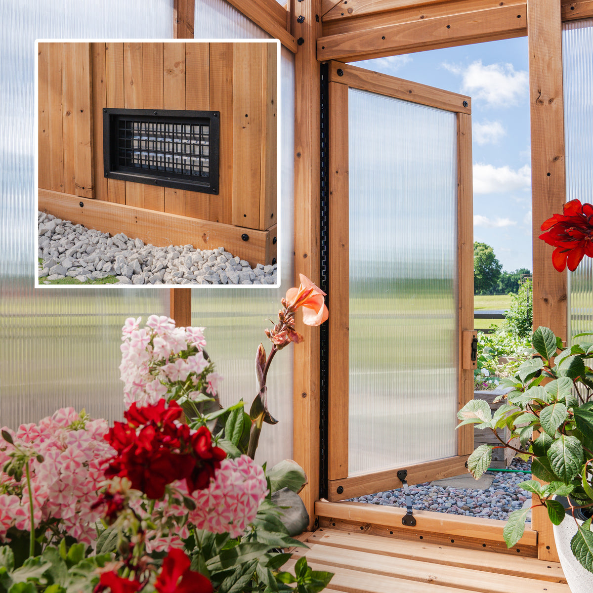 Garden greenhouse interior with open door, 4-wall polycarbonate panels, flowers, and intake vent.